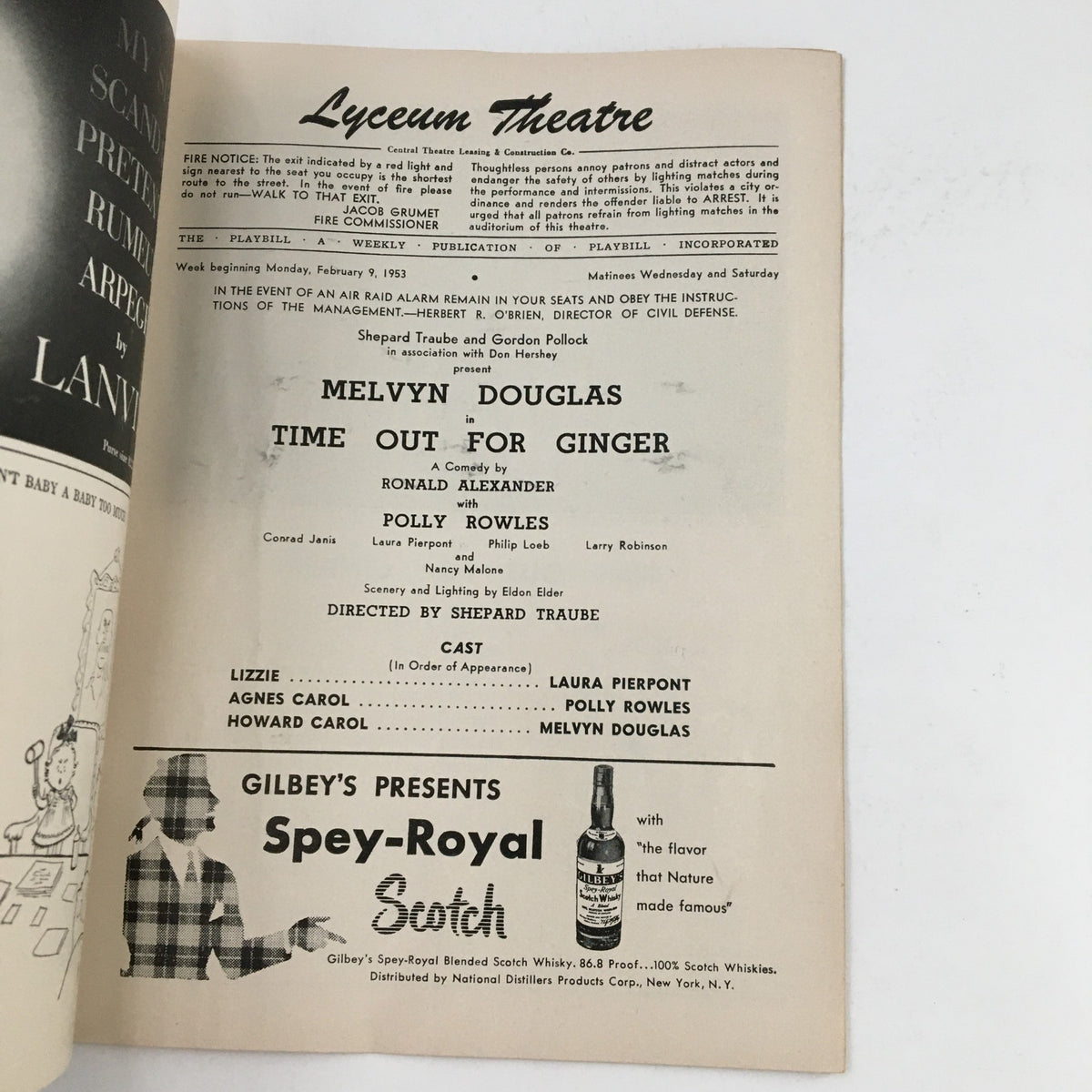 Inside page of the 1953 Playbill for the Lyceum Theatre showcasing Melvyn Douglas in 'Time Out For Ginger' with cast information.
