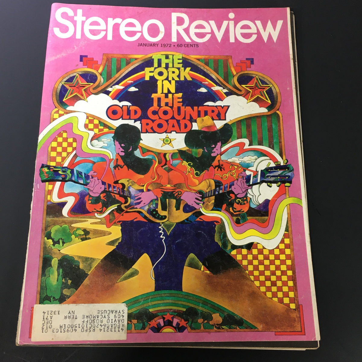 Cover of VTG Stereo Review Music Magazine January 1972 featuring vibrant artwork and the title 'The Fork in the Old Country Road', showcasing a nostalgic music scene.