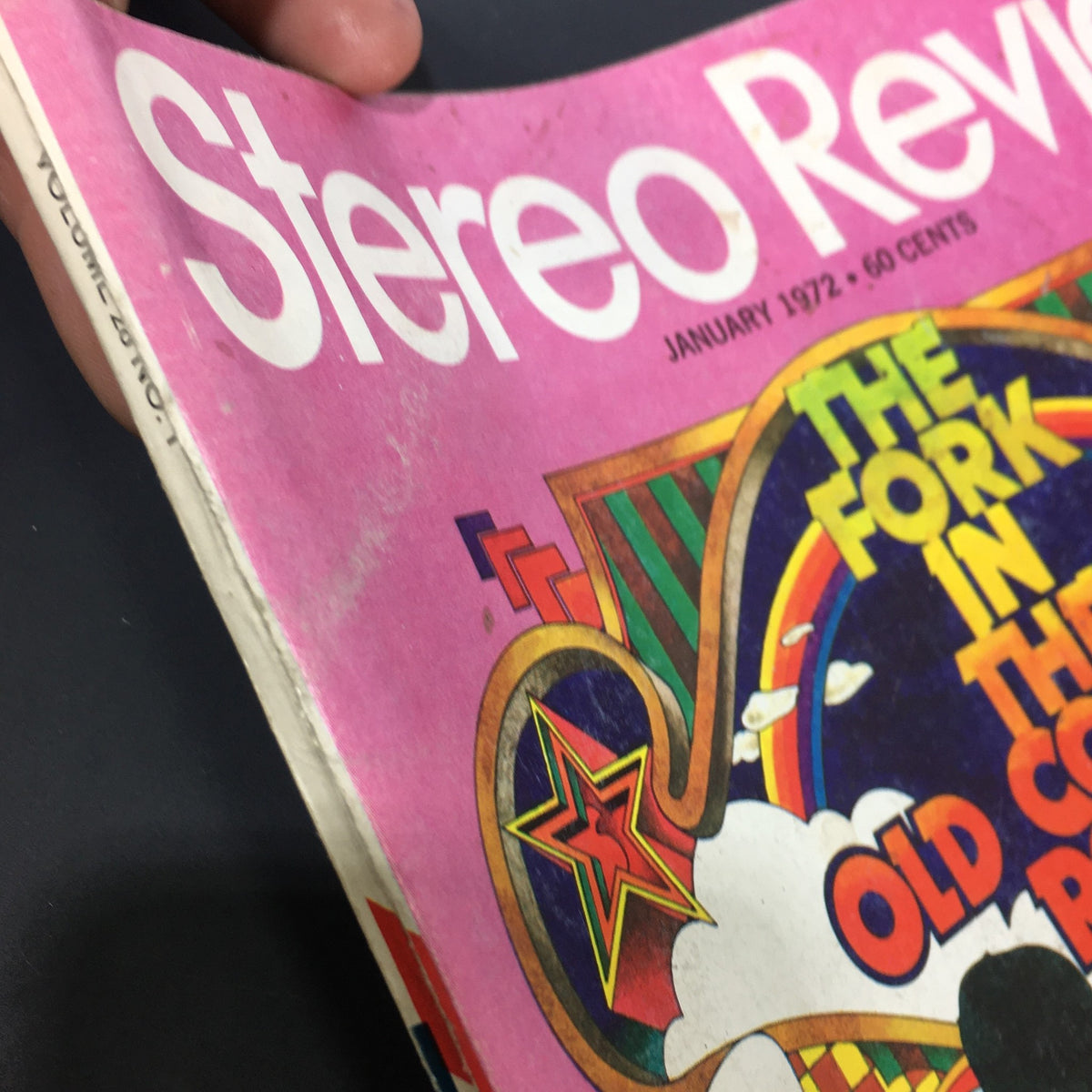 Side view of VTG Stereo Review Music Magazine January 1972 displaying the title 'The Fork in the Old Country Road', highlighting vintage magazine details.