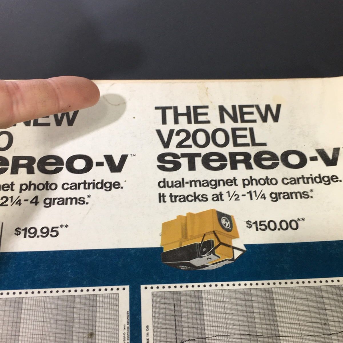 Close-up of the VTG Stereo Review Music Magazine January 1972, highlighting the V200EL and V100 stereo cartridges with pricing details.