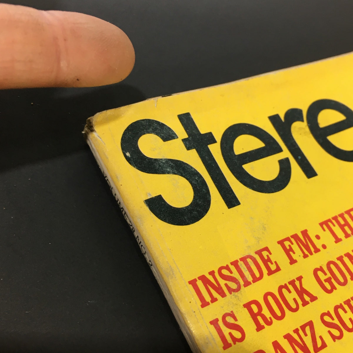 Close-up image of the Vintage Stereo Review Music Magazine February 1972, showing the top edge with wear, featuring the title and key inside topics, including Franz Schubert.