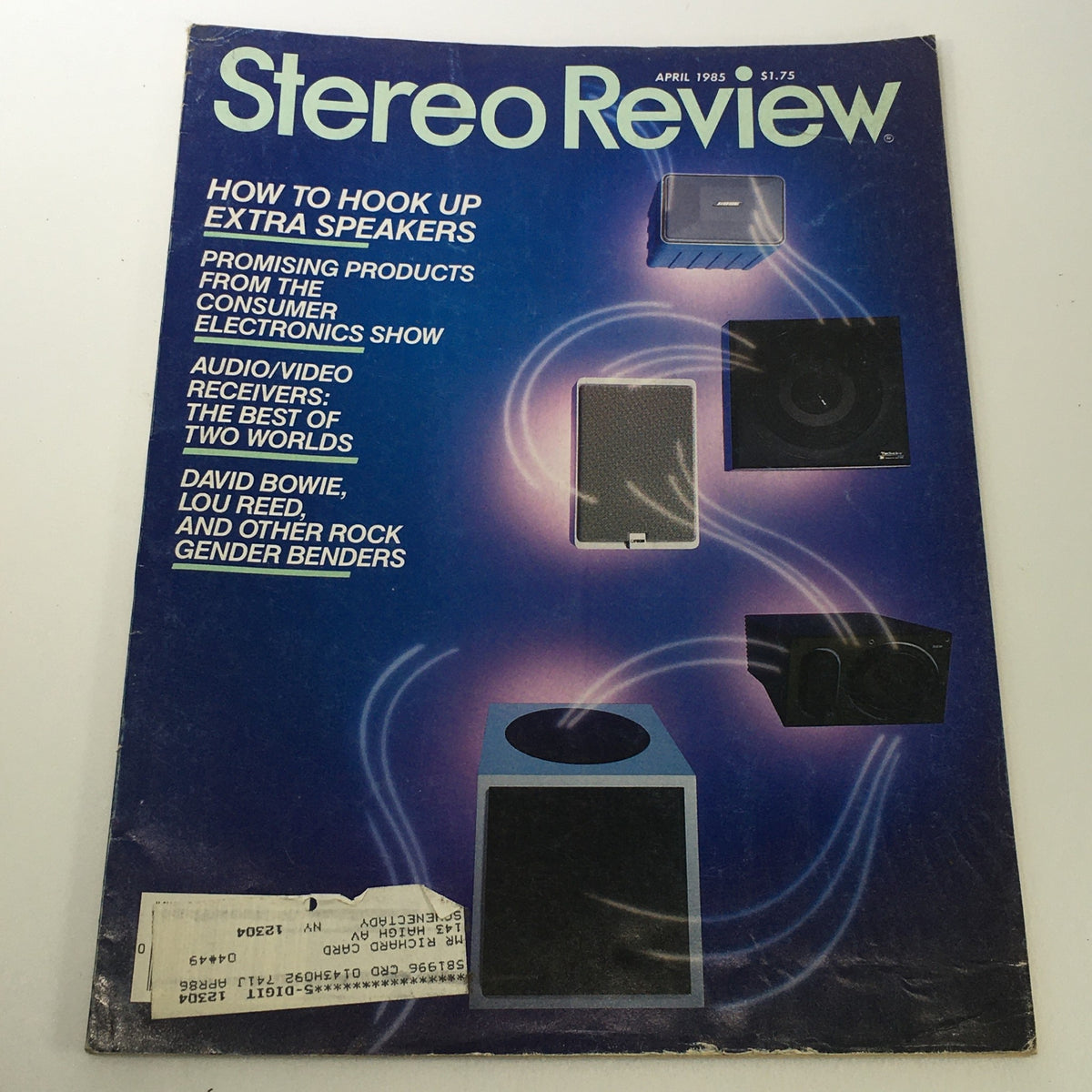 Cover of the VTG Stereo Review Music Magazine from April 1985 featuring articles on audio products, David Bowie, and Lou Reed.