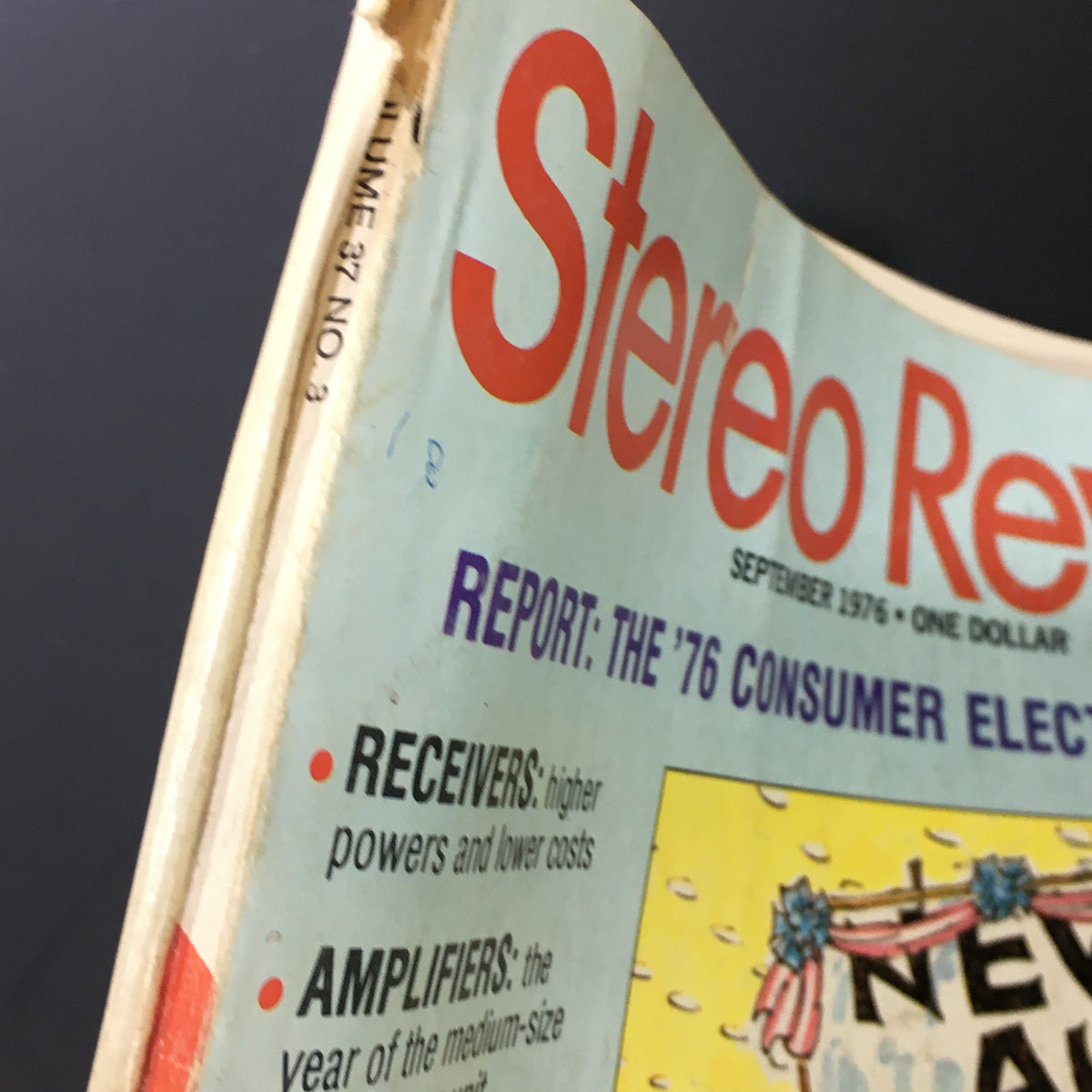 Close-up of the September 1976 Vintage Stereo Review Music Magazine showcasing the title and report on consumer electronics.