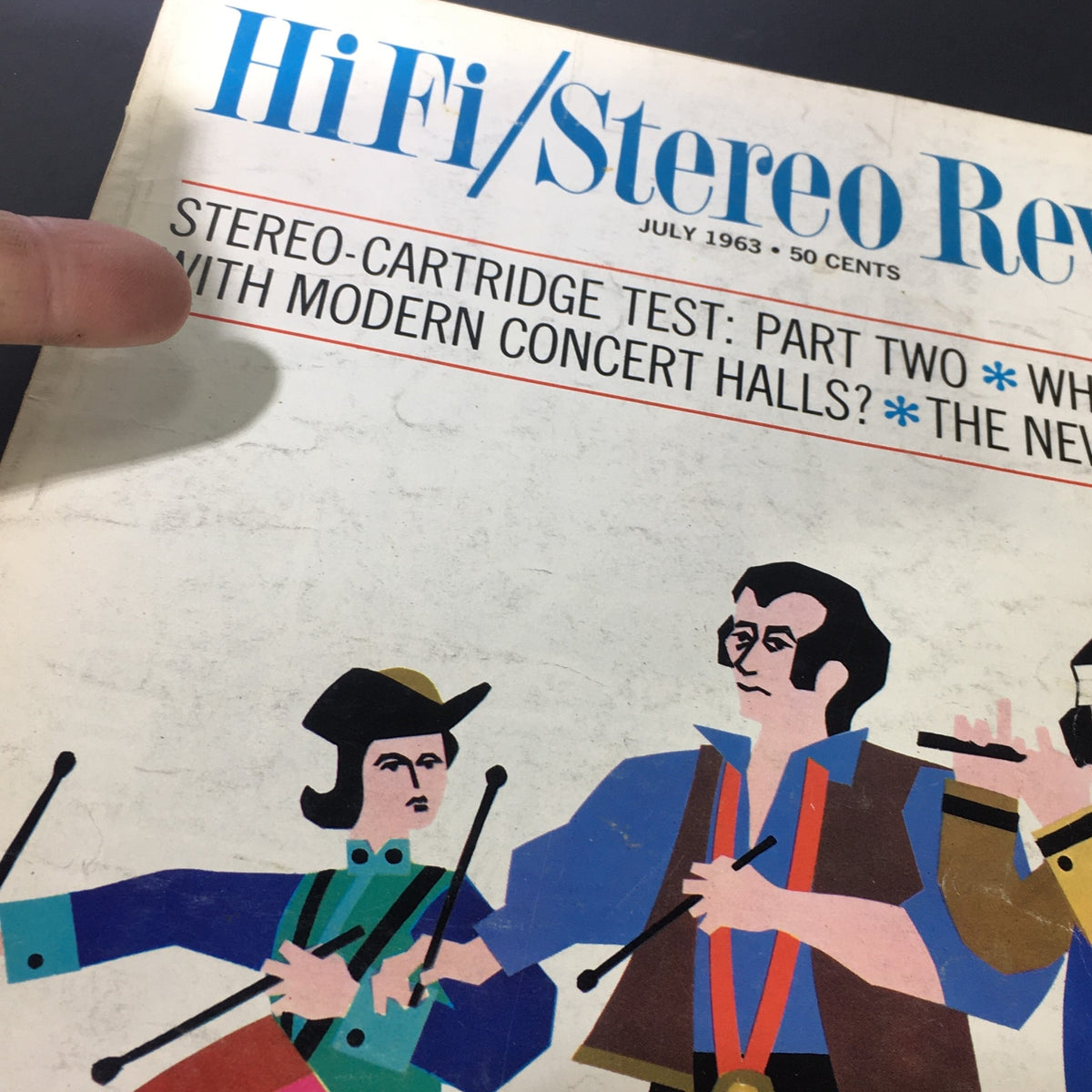 Detailed view of the VTG HiFi Stereo Review Magazine July 1963 cover with a focus on the illustration and text 'Stereo-Cartridge Test: Part Two'.