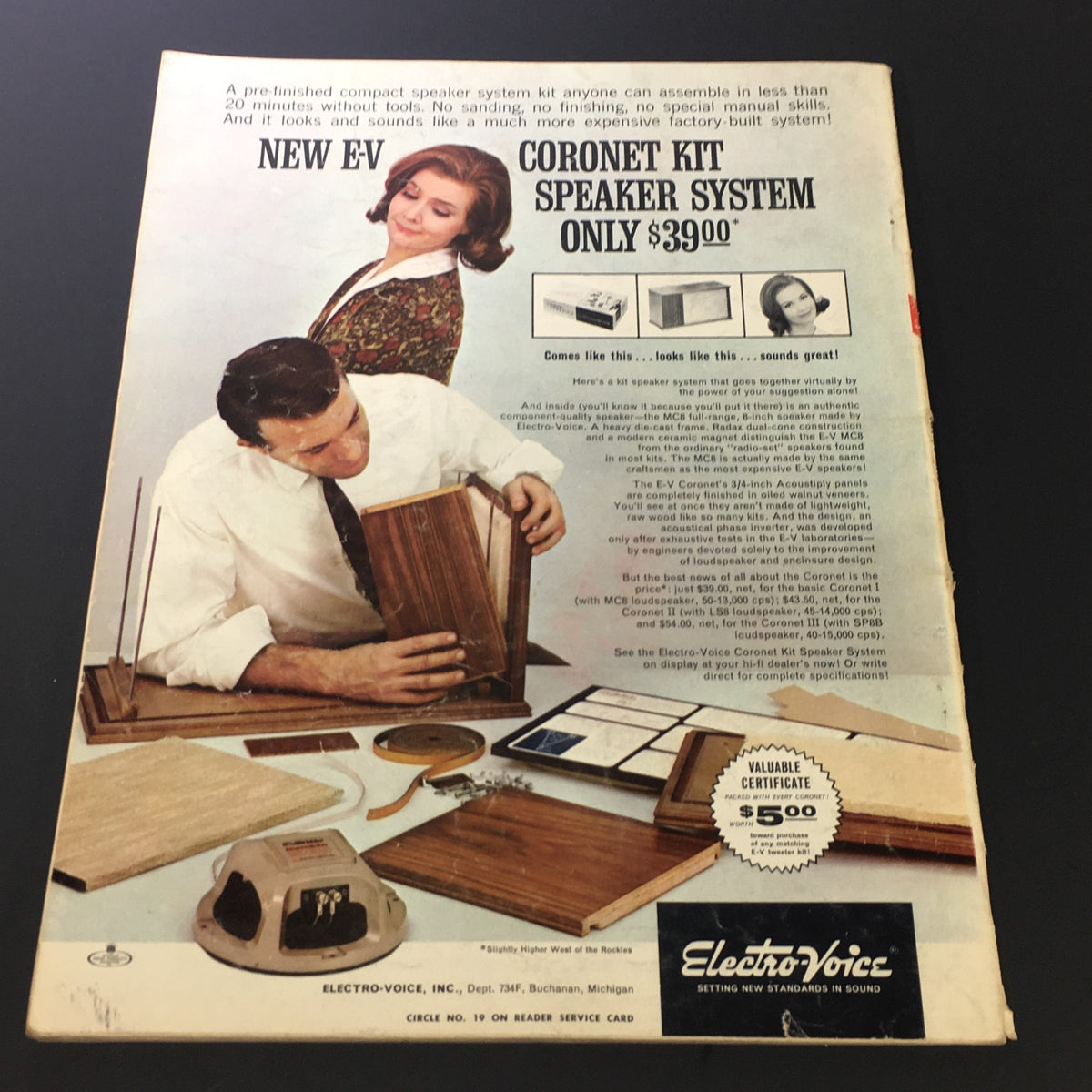 Back cover of HiFi Stereo Review Magazine July 1963 featuring an advertisement for the new Electro-Voice Coronet Kit speaker system, designed for easy assembly.