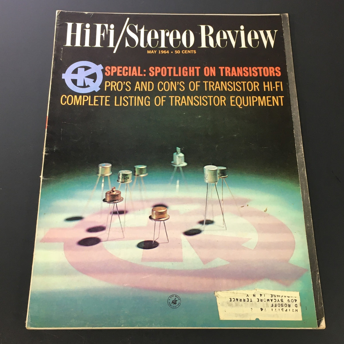 Cover of VTG HiFi Stereo Review Magazine May 1964 featuring a special spotlight on transistors, showcasing audio equipment, and a unique design relevant to audio enthusiasts.