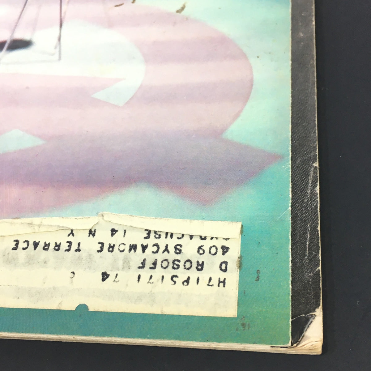 Detail of the back cover of VTG HiFi Stereo Review Magazine May 1964, highlighting an address label and minor wear, showcasing the magazine's vintage character.
