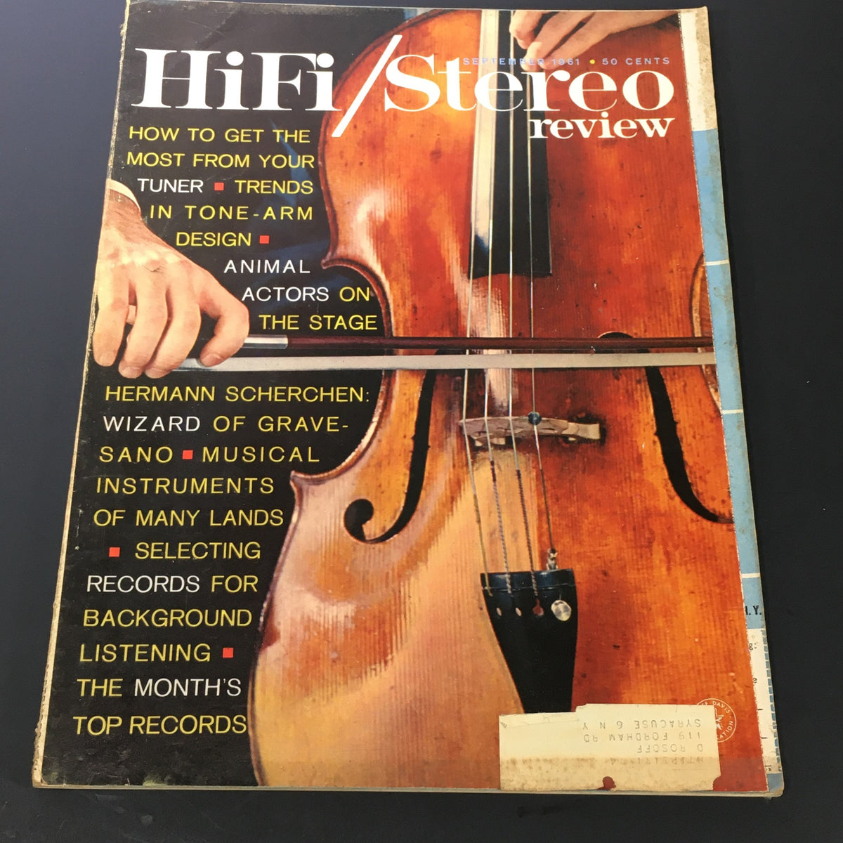 Cover of the vintage VTG HiFi Stereo Review Magazine September 1961 featuring Hermann Scherchen, showcasing a close-up of a violin and hands, highlighting articles on audio technology and music performance.