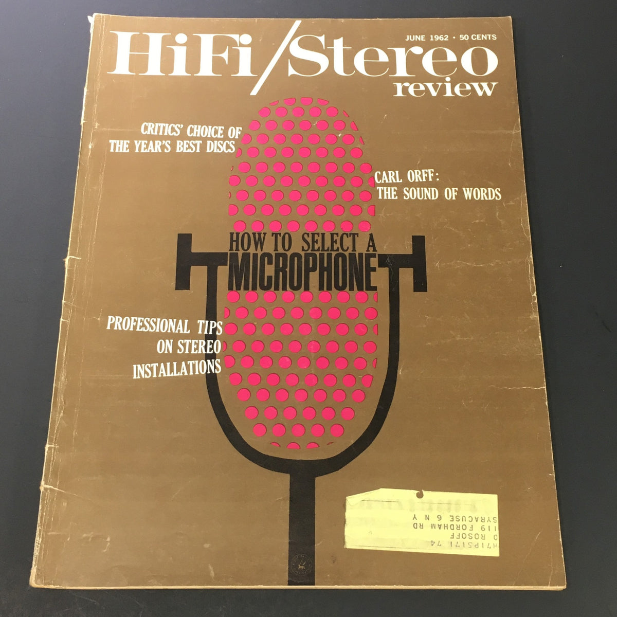 VTG HiFi Stereo Review Magazine June 1962 featuring an article on Carl Orff's The Sound of Words, with a prominent microphone graphic on the cover, showcasing vintage audio culture.