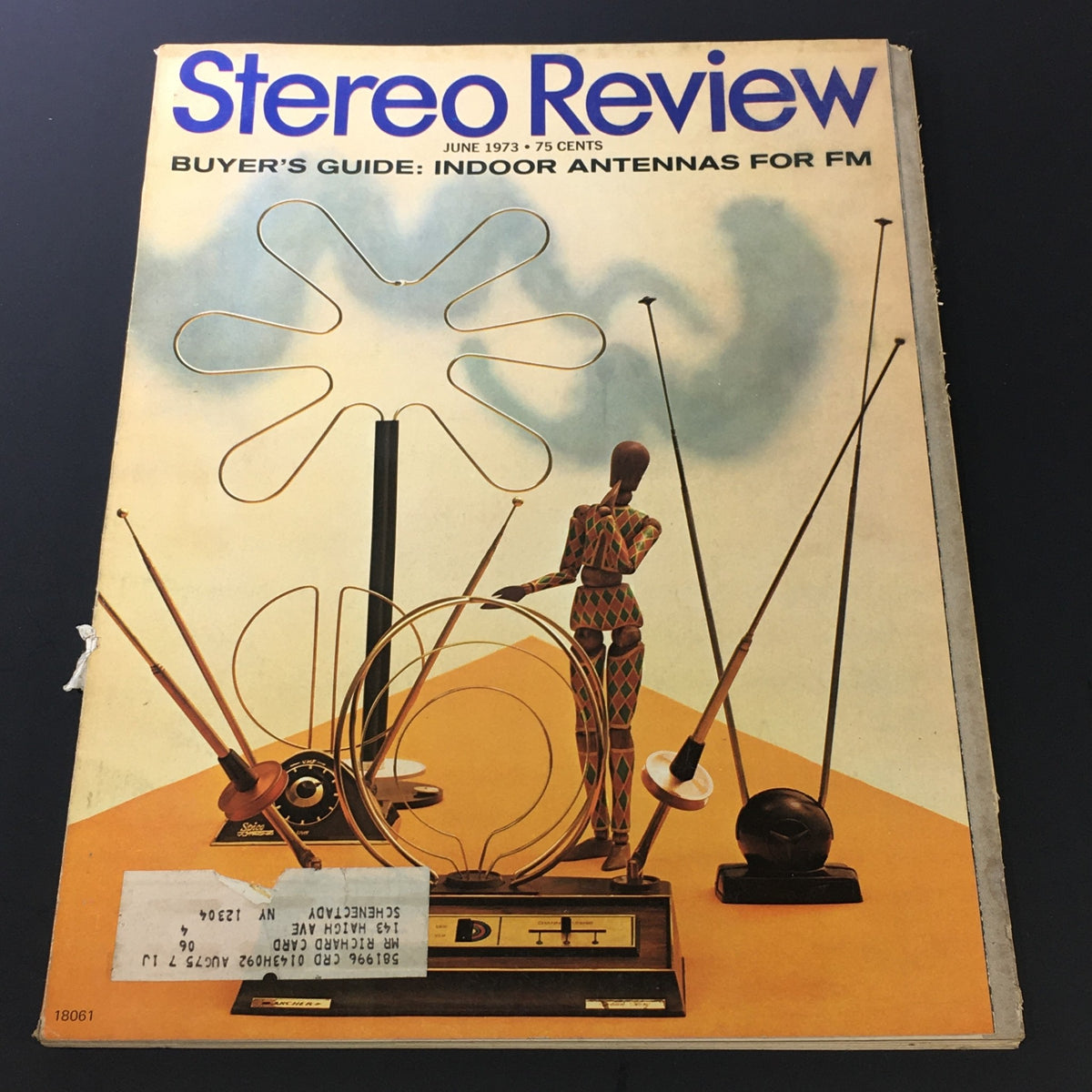 VTG HiFi Stereo Review Magazine June 1973 cover featuring indoor antennas for FM Buyer's Guide, showcasing a creative design with a mannequin and various antenna styles.