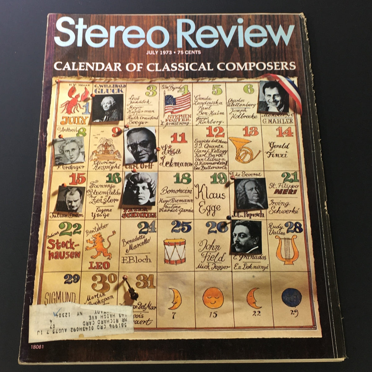 Cover of VTG HiFi Stereo Review Magazine July 1973 featuring a calendar of classical composers, showcasing notable figures with images and dates.