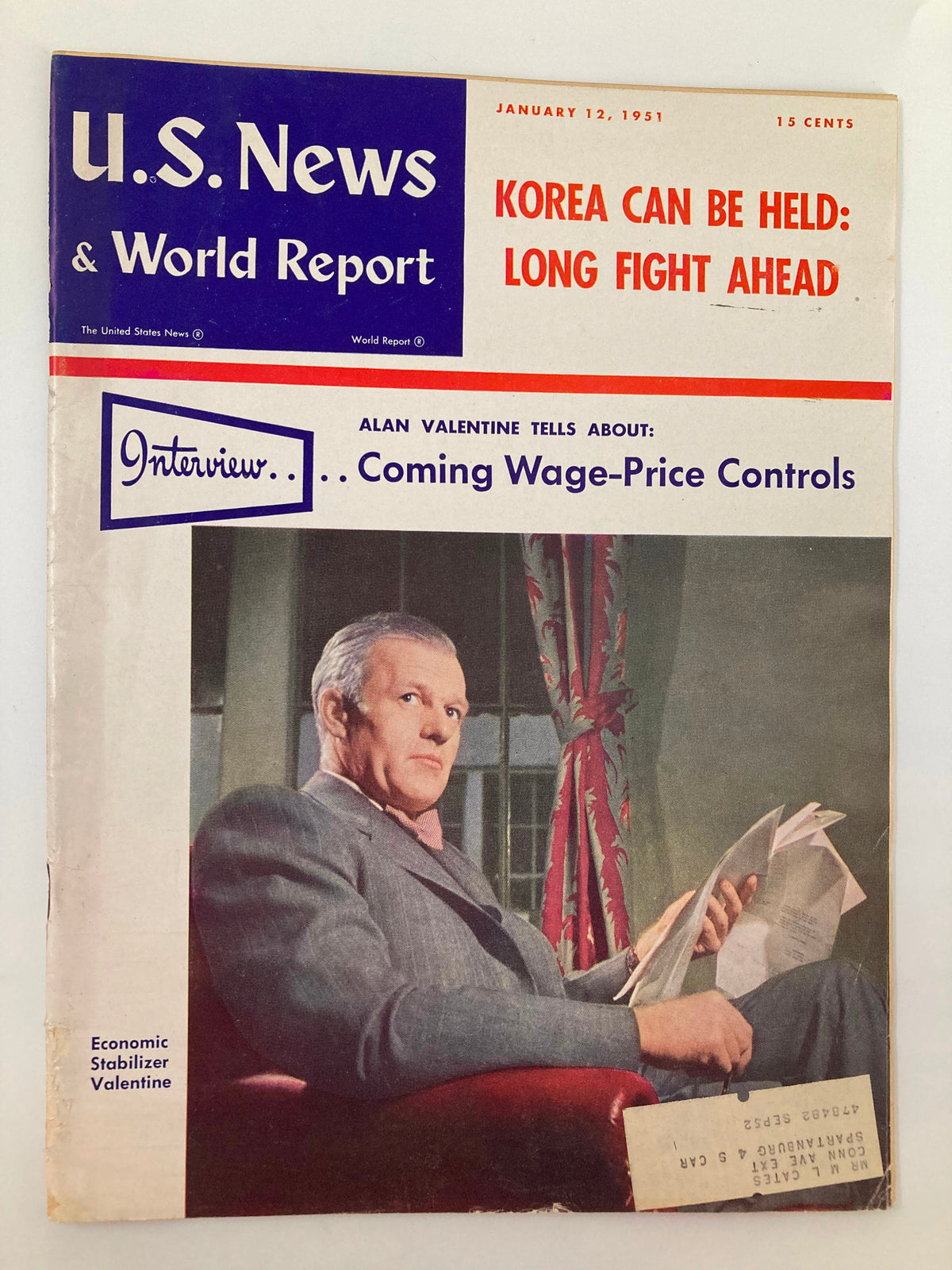 Cover of US News & World Report Magazine from January 12, 1951 featuring Allan Valentine discussing wage-price controls and the Korean conflict, showcasing vintage design and historical context.