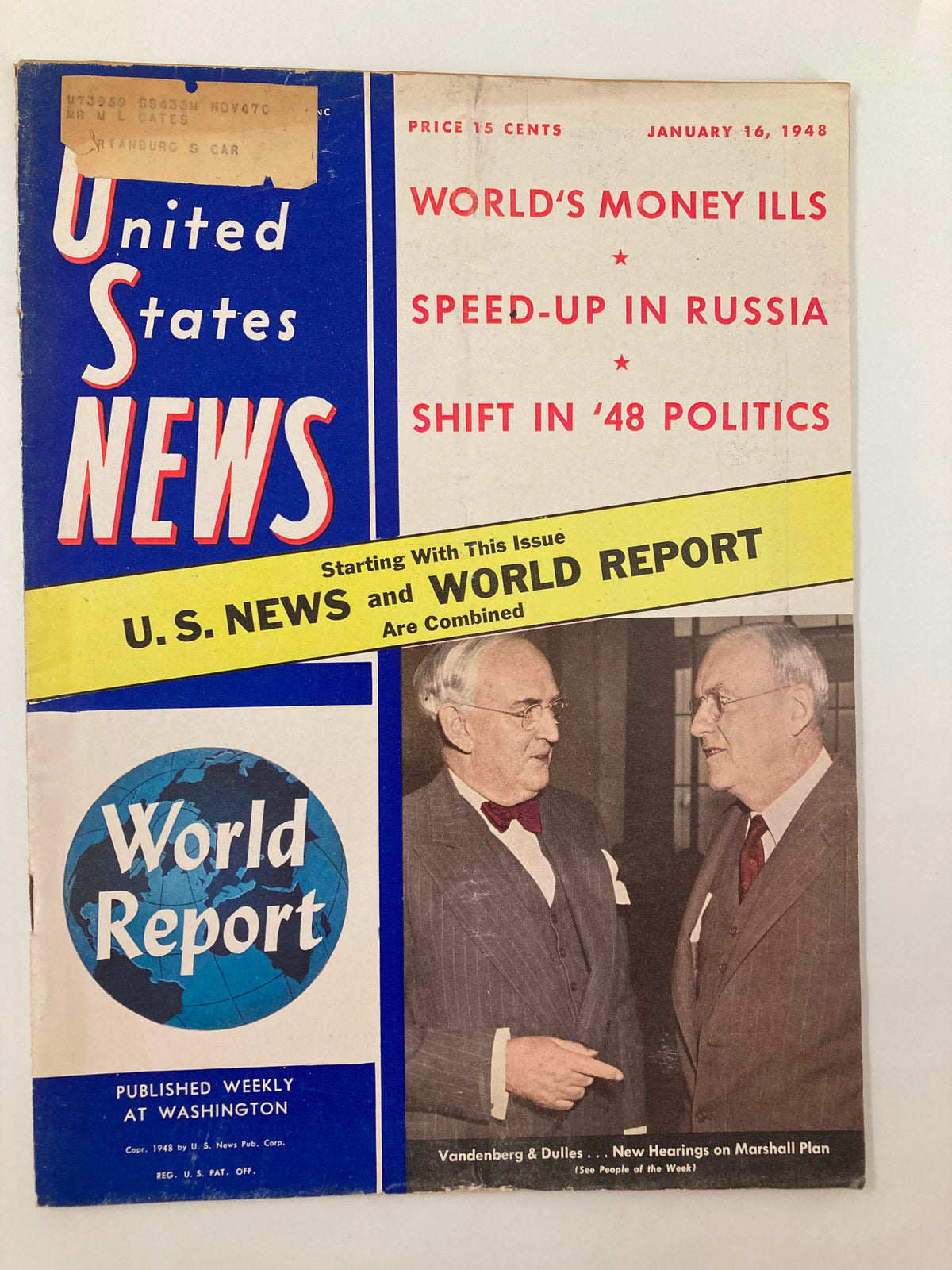 Cover of the US News & World Report Magazine dated January 16, 1948, featuring headlines about world issues, Russia, and political shifts, along with images of Vandenberg and Dulles.