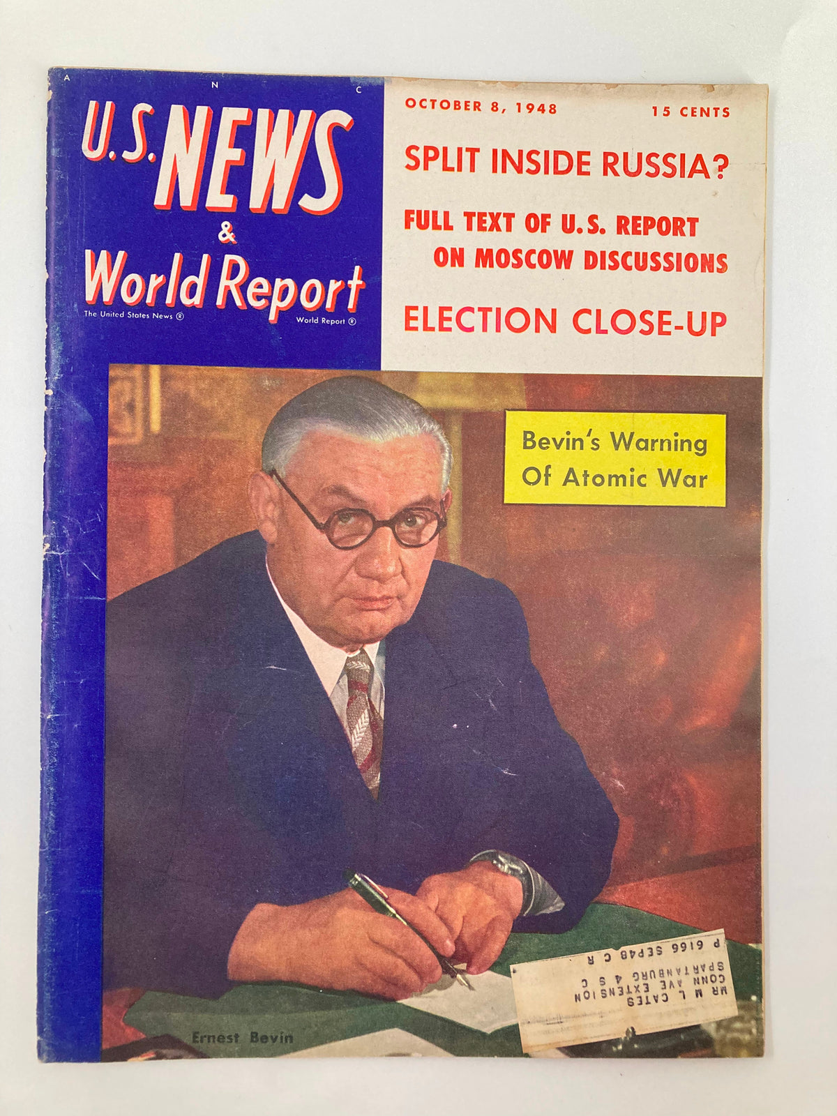 Cover of US News & World Report Magazine from October 8, 1948, featuring Ernest Bevin warning about atomic war, highlighting geopolitical tensions post-World War II.