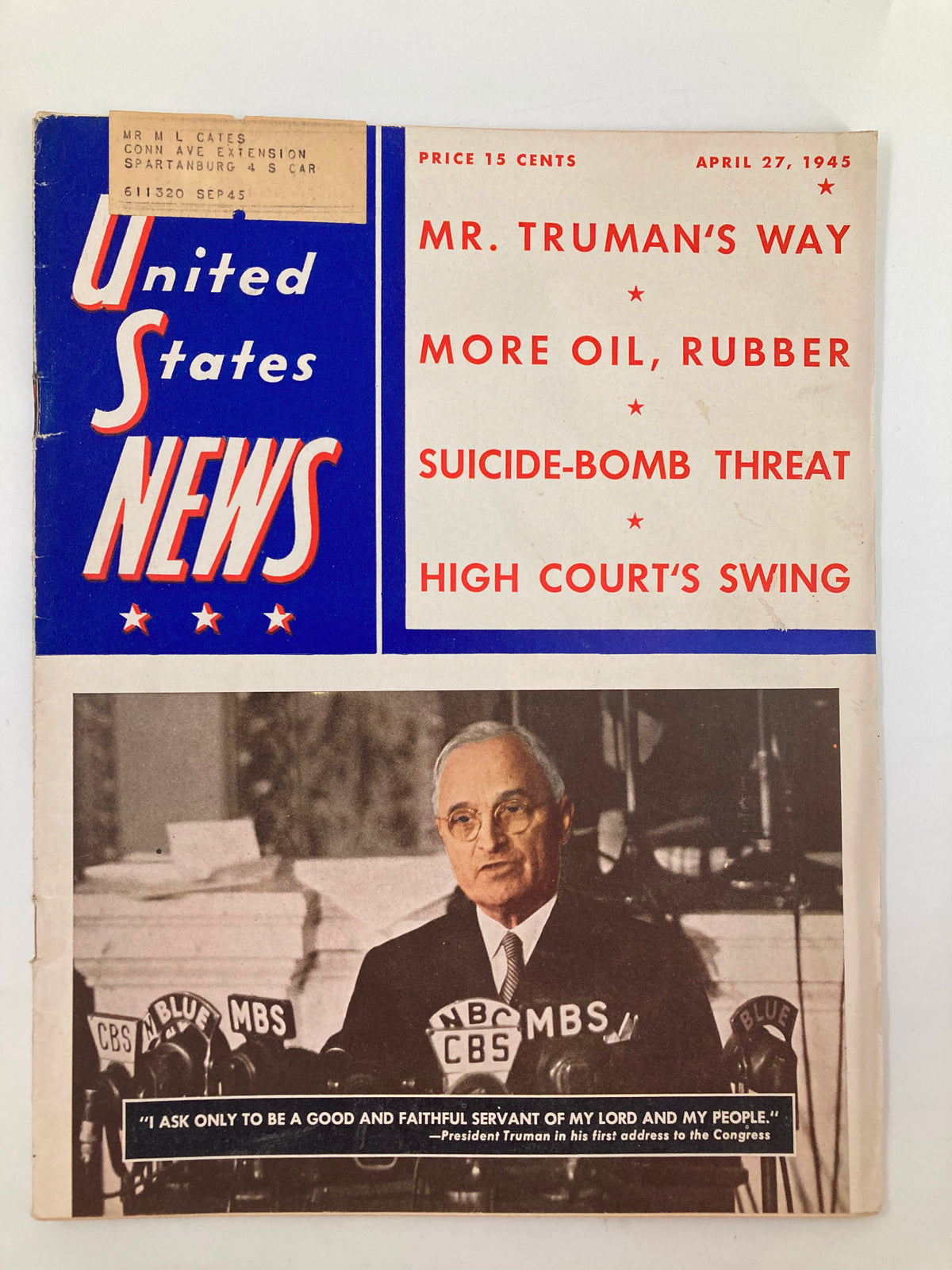 Cover of US News & World Report magazine dated April 27, 1945, featuring President Harry S. Truman, with headlines about his policies and significant events of the time.