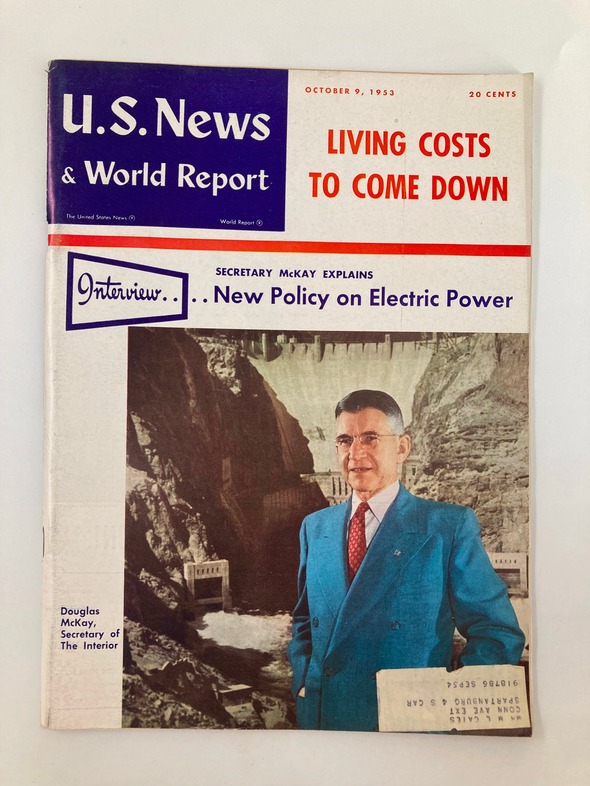 Cover of US News & World Report Magazine dated October 9, 1953 featuring Douglas McKay, Secretary of the Interior, with the headline 'Living Costs to Come Down' and an interview on electric power policy.