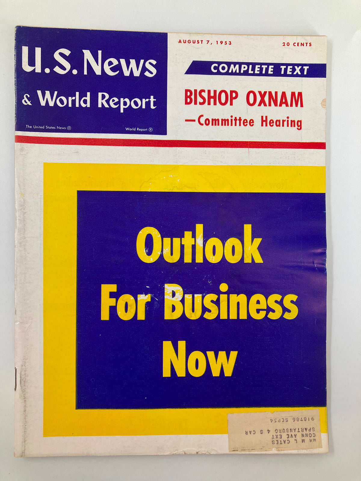 Cover of US News & World Report Magazine from August 7, 1953, featuring the headline 'Outlook for Business Now' in bold yellow letters, highlighting the economic climate of the early 1950s.
