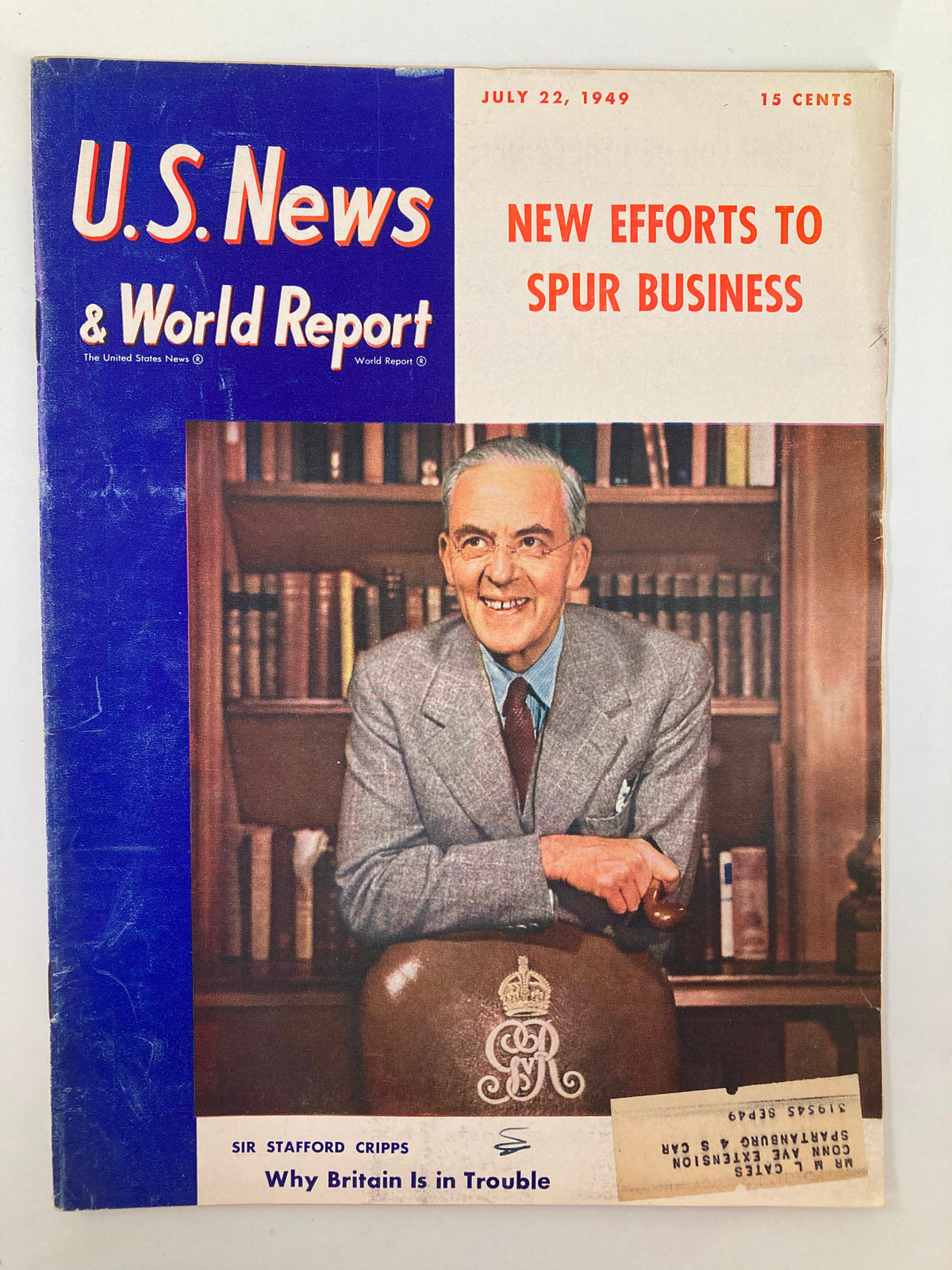 Cover of the US News & World Report Magazine from July 22, 1949, featuring Sir Stafford Cripps and the headline 'New Efforts to Spur Business'. A vintage collectible showcasing post-war America with insight on Britain's challenges.