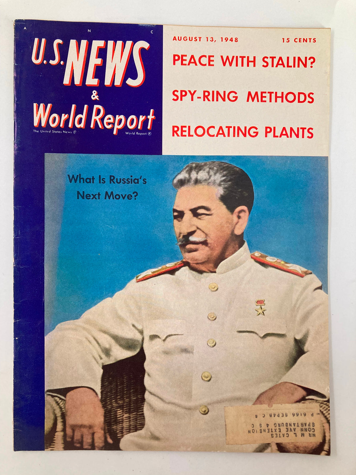 Cover of US News & World Report Magazine from August 13, 1948, featuring a portrait of Soviet Union leader Joseph Stalin, with headlines discussing peace, spy methods, and the future of Russia.