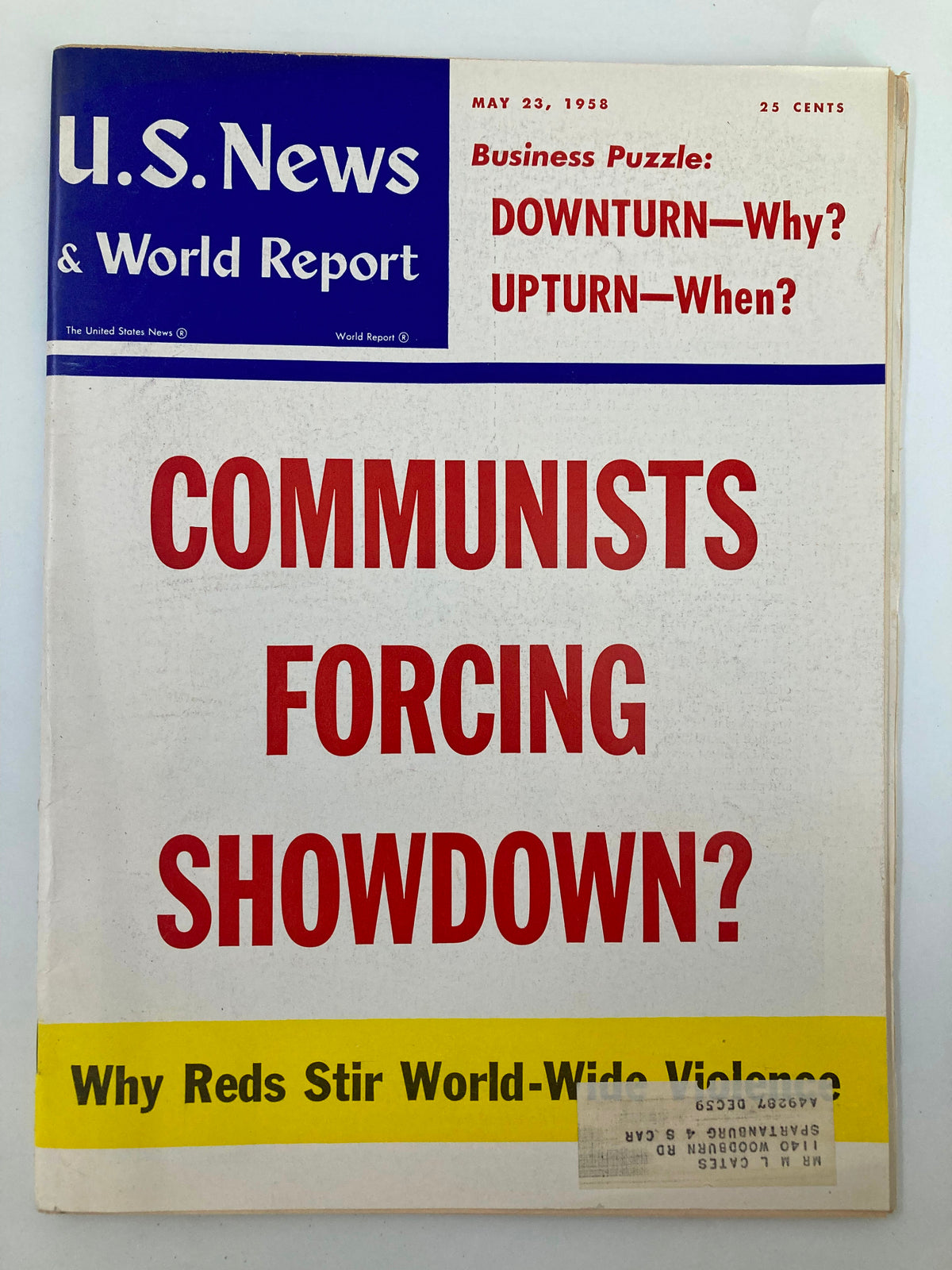 Cover of US News & World Report Magazine from May 23, 1958 featuring the headline 'Communists Forcing Showdown?' with a date and price displayed.