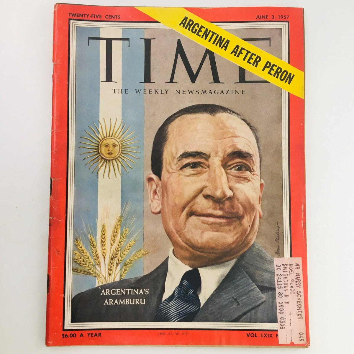 Vintage Time Magazine cover from June 3, 1957, featuring Argentina's Pedro Eugenio Aramburu. The cover illustrates a portrait of Aramburu against the backdrop of the Argentine flag and sun emblem, highlighting the theme 'Argentina After Peron'.
