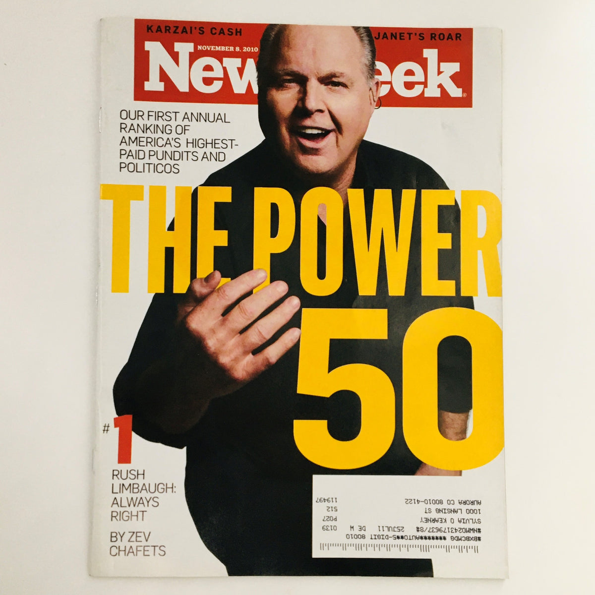 Newsweek Magazine November 8, 2010 cover featuring Rush Limbaugh with the headline 'The Power 50' highlighting influential personalities in politics and media.