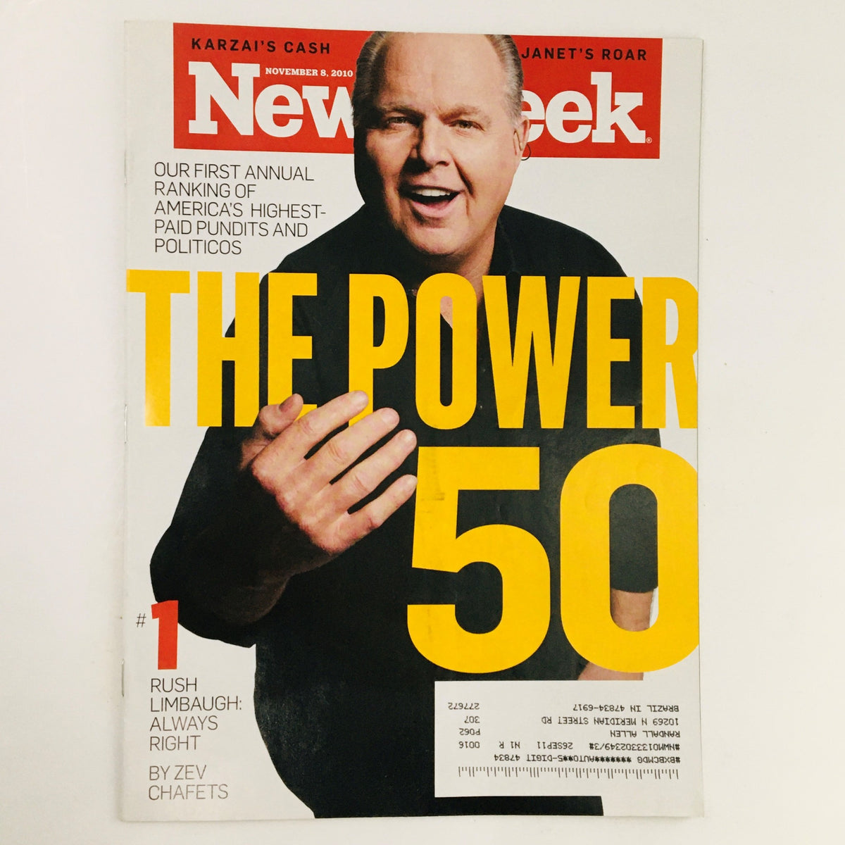 Cover of Newsweek Magazine from November 8, 2010, featuring Rush Limbaugh with the title 'The Power 50'. The cover highlights Limbaugh as #1 and includes the tagline 'Always Right' by Zev Chafets.
