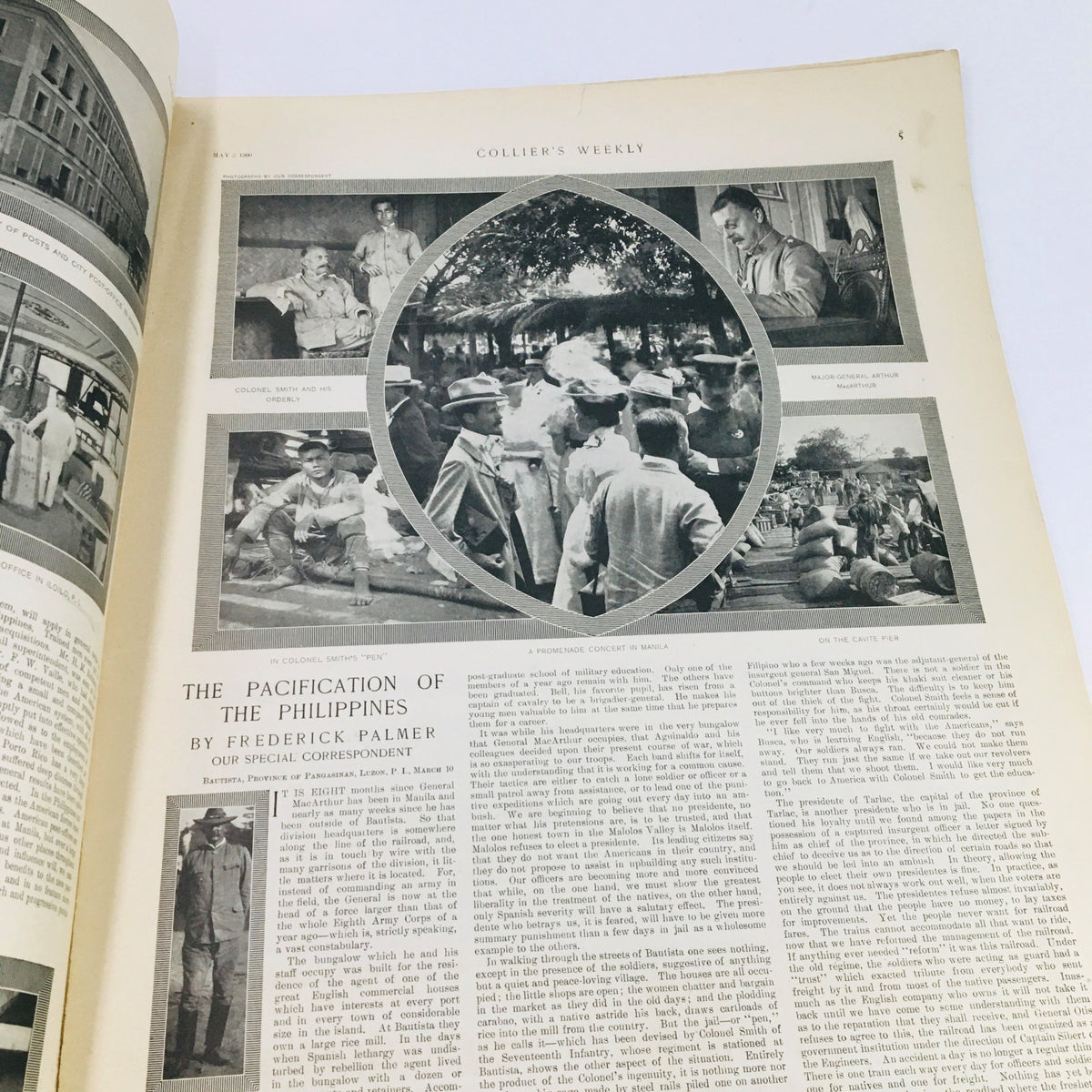 Interior page of Collier's Weekly Journal May 5, 1900 featuring an article titled 'The Pacification Of The Philippines', illustrated with historical photographs.