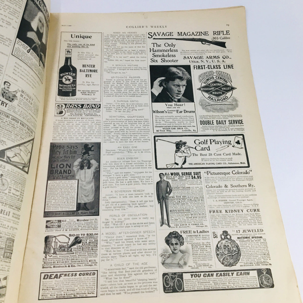 Advertisement page from Collier's Weekly Journal May 5, 1900, showcasing a variety of products including the Savage Magazine Rifle and branding for different items available at that time.