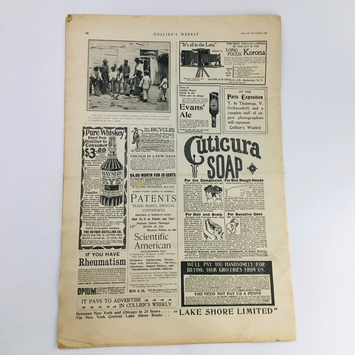 Page from Collier's Weekly Journal May 5, 1900 displaying various advertisements, including Cuticura Soap, reflecting the commercial landscape of the early 20th century.