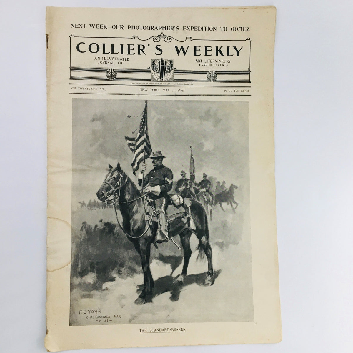 Cover of Collier's Weekly May 21, 1898, Vol 21 #7 featuring an illustration of soldiers on horseback waving American flags, representing the American Victory at Manila.