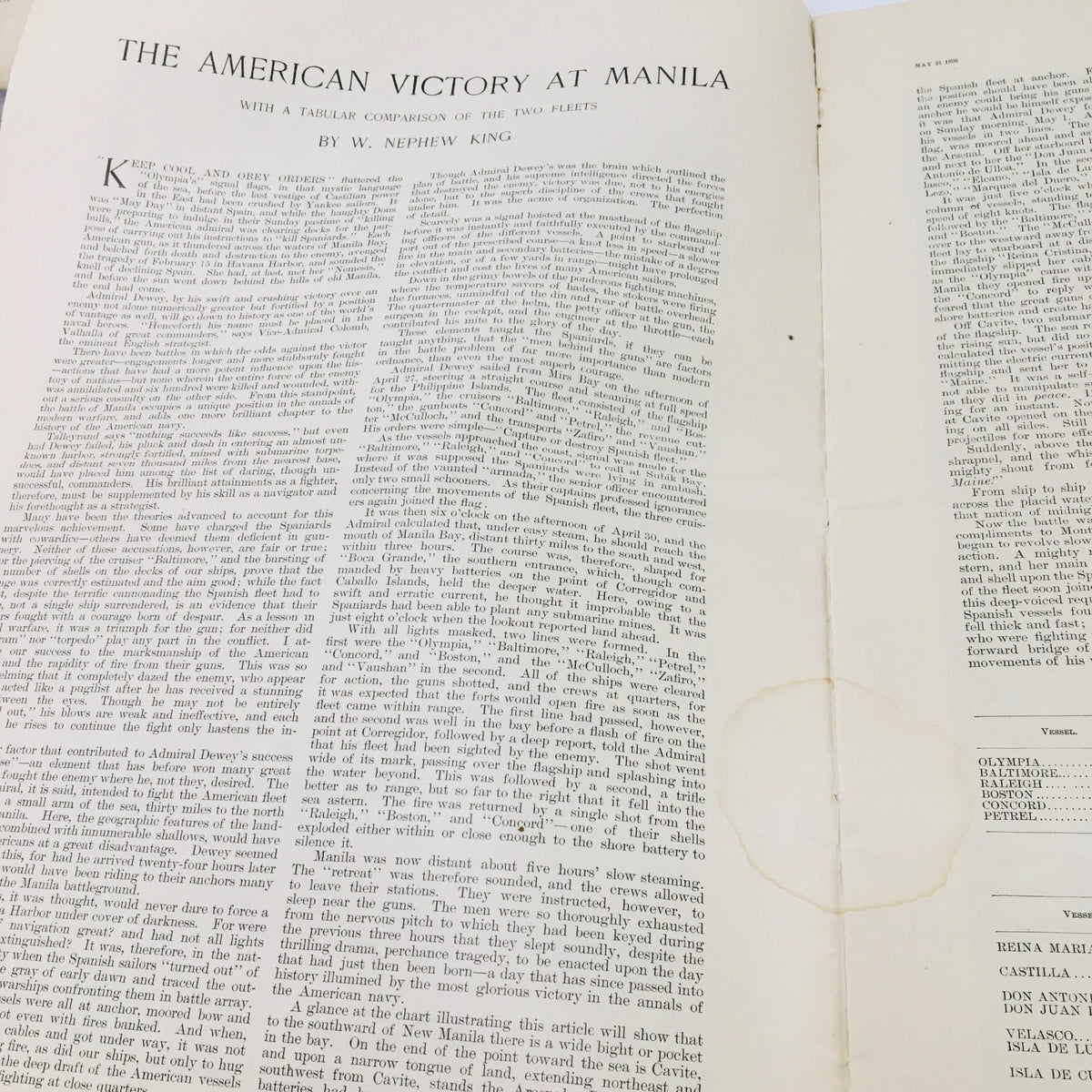 Article titled 'The American Victory at Manila' from Collier's Weekly May 21 1898 Vol 21 #7, detailing military events with visible signs of aging.