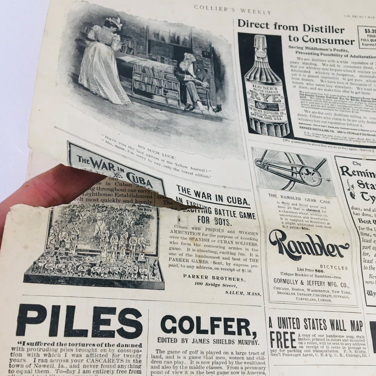 Back cover of Collier's Weekly May 21 1898 Vol 21 #7, displaying advertisements and artistic illustrations, indicative of the publication's historical advertising.