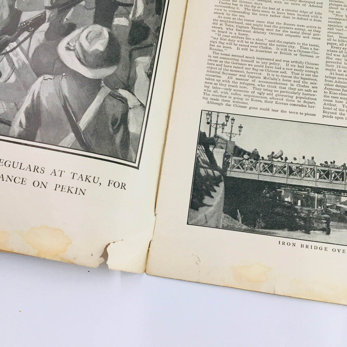 Interior page of Collier's Weekly August 4 1900 Vol 25 #18, depicting soldiers and scenes related to The War in China.