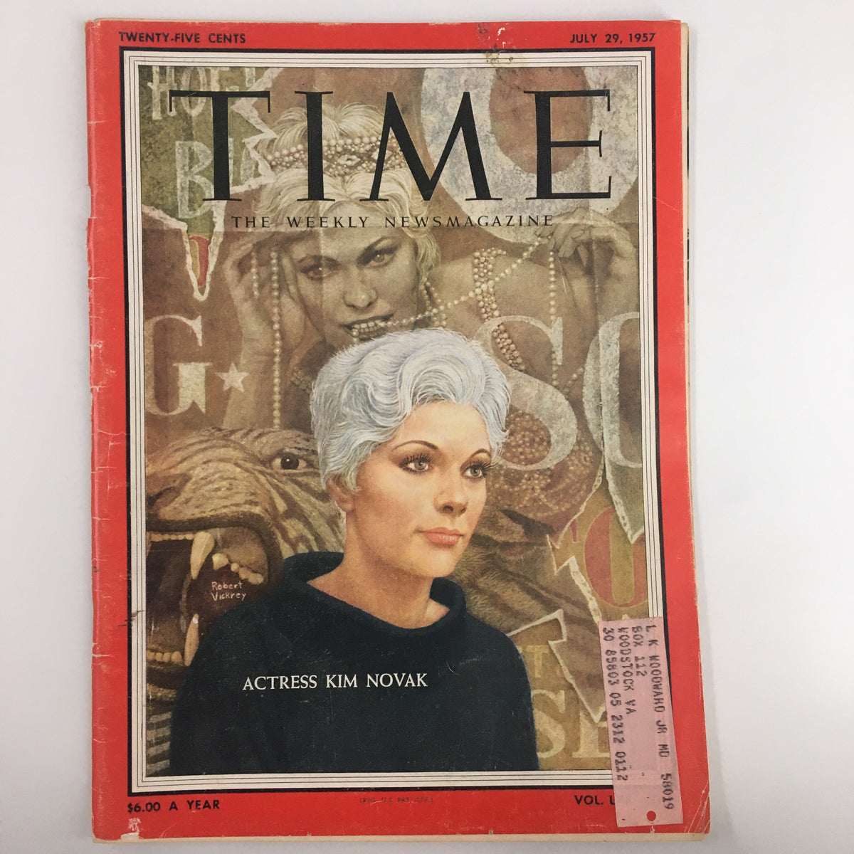Vintage Time Magazine dated July 29, 1957, featuring actress Kim Novak on the cover. The magazine showcases cultural elements of the 1950s with a colorful design and prominent headlines.