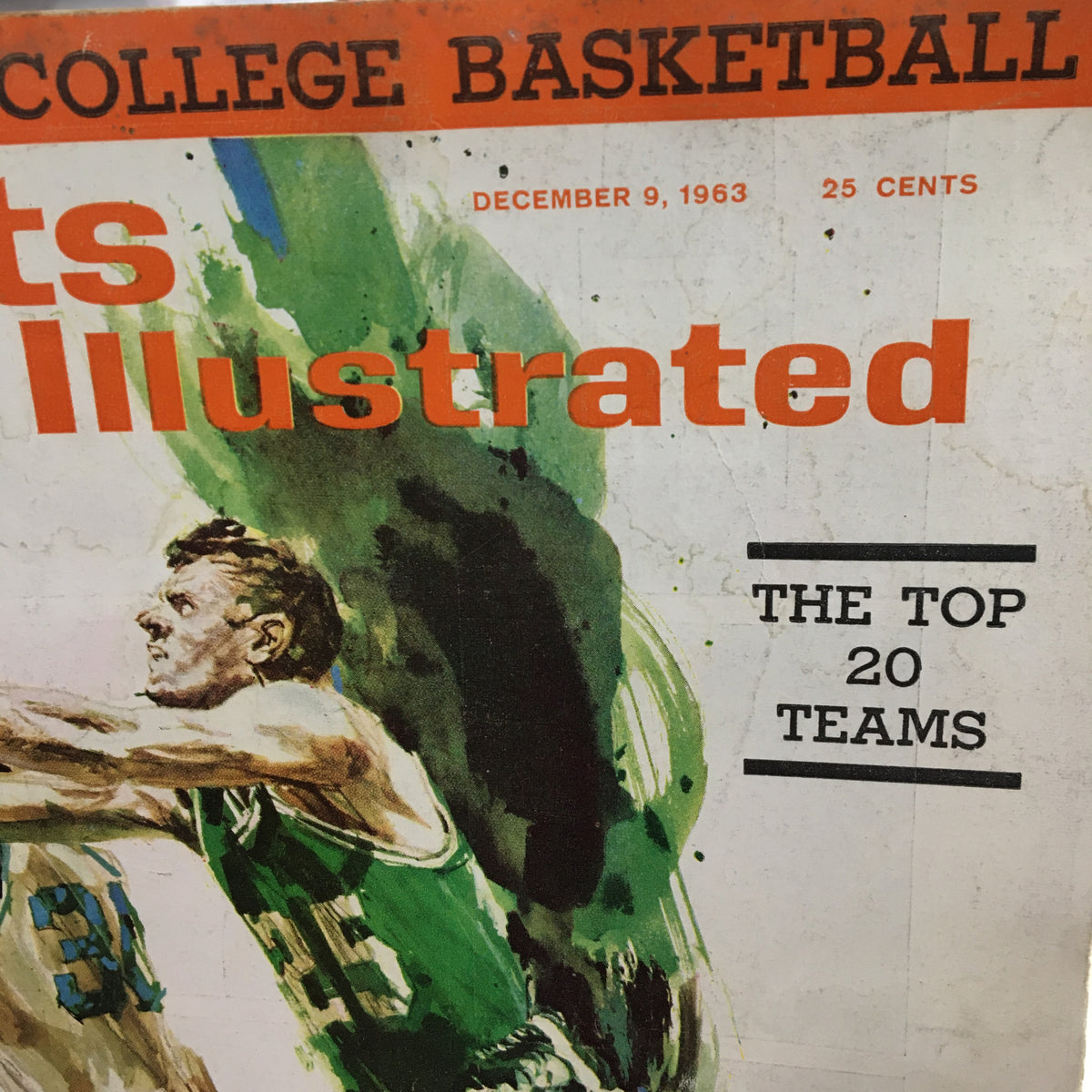Detailed shot of the VTG Sports Illustrated Magazine cover, December 9, 1963, showcasing college basketball and the title 'The Top 20 Teams'.