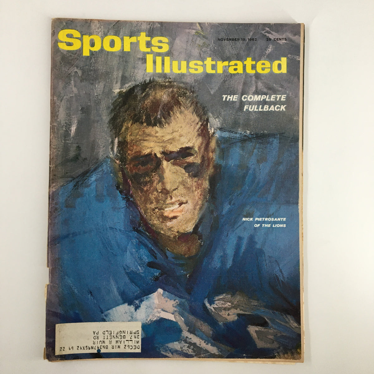 Cover of Sports Illustrated magazine from November 19, 1962, featuring Nick Pietrosante of the Lions in a vibrant artistic portrayal highlighting the theme 'The Complete Fullback.'