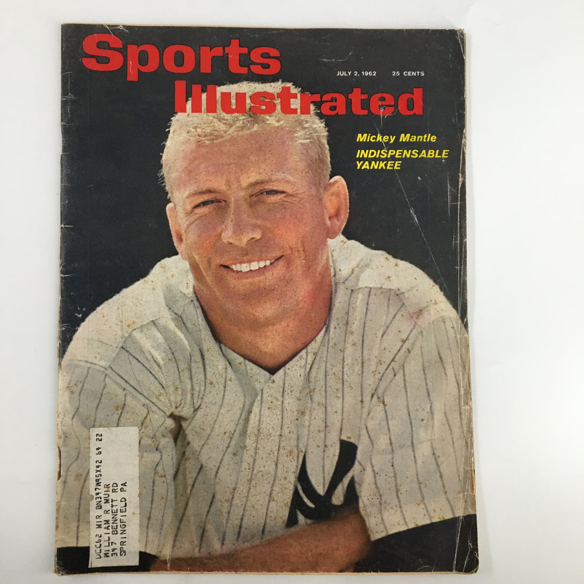 Cover of the Sports Illustrated magazine from July 2, 1962 featuring Mickey Mantle, titled 'Indispensable Yankee.' The cover showcases Mantle smiling while wearing a New York Yankees jersey, capturing the essence of vintage baseball history.