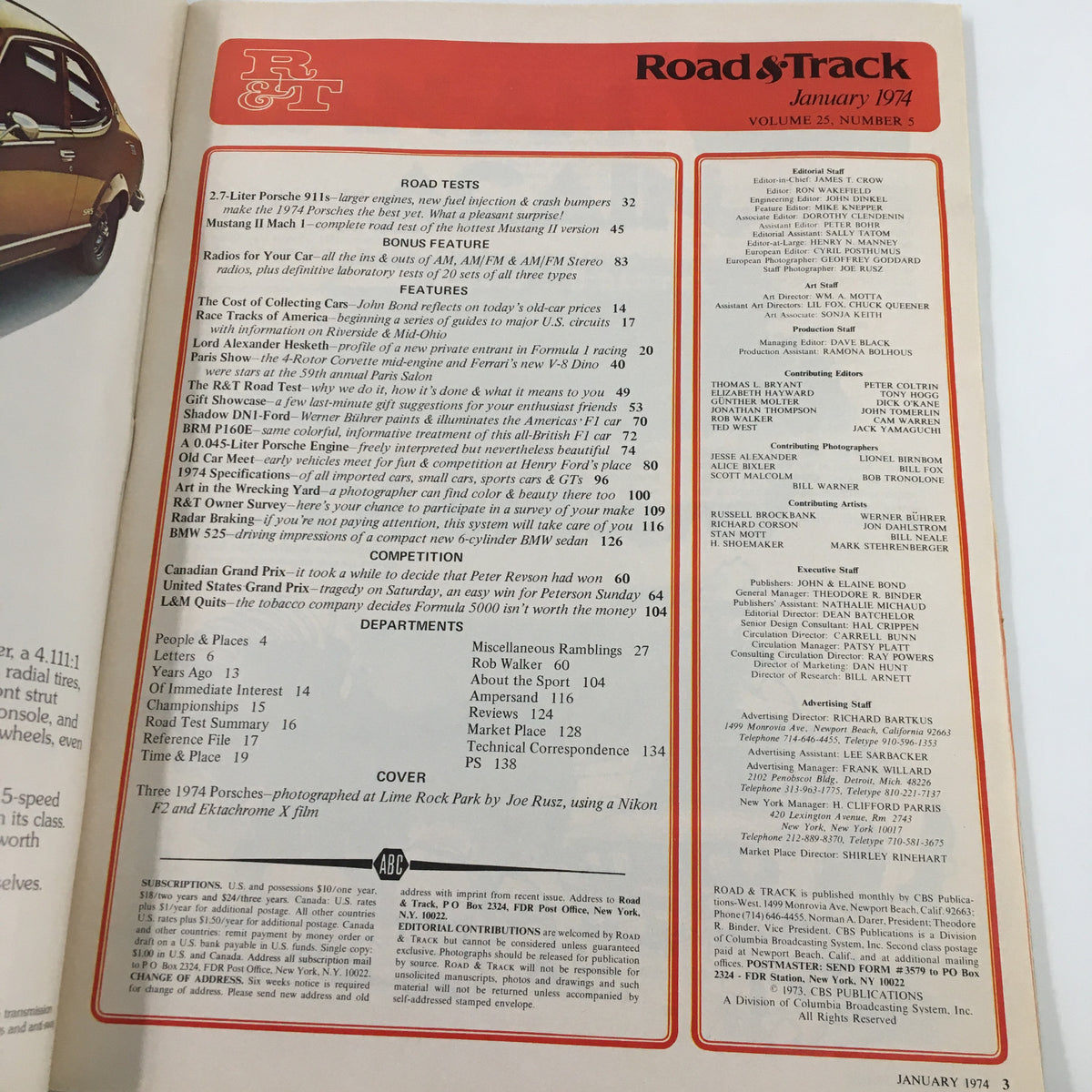 January 1974 issue of Road & Track Magazine featuring a detailed table of contents, showcasing articles about Porsche's 1974 911 models, automotive culture of the 1970s, and various car tests and features. Perfect for enthusiasts and collectors, it celebrates vintage automotive engineering.