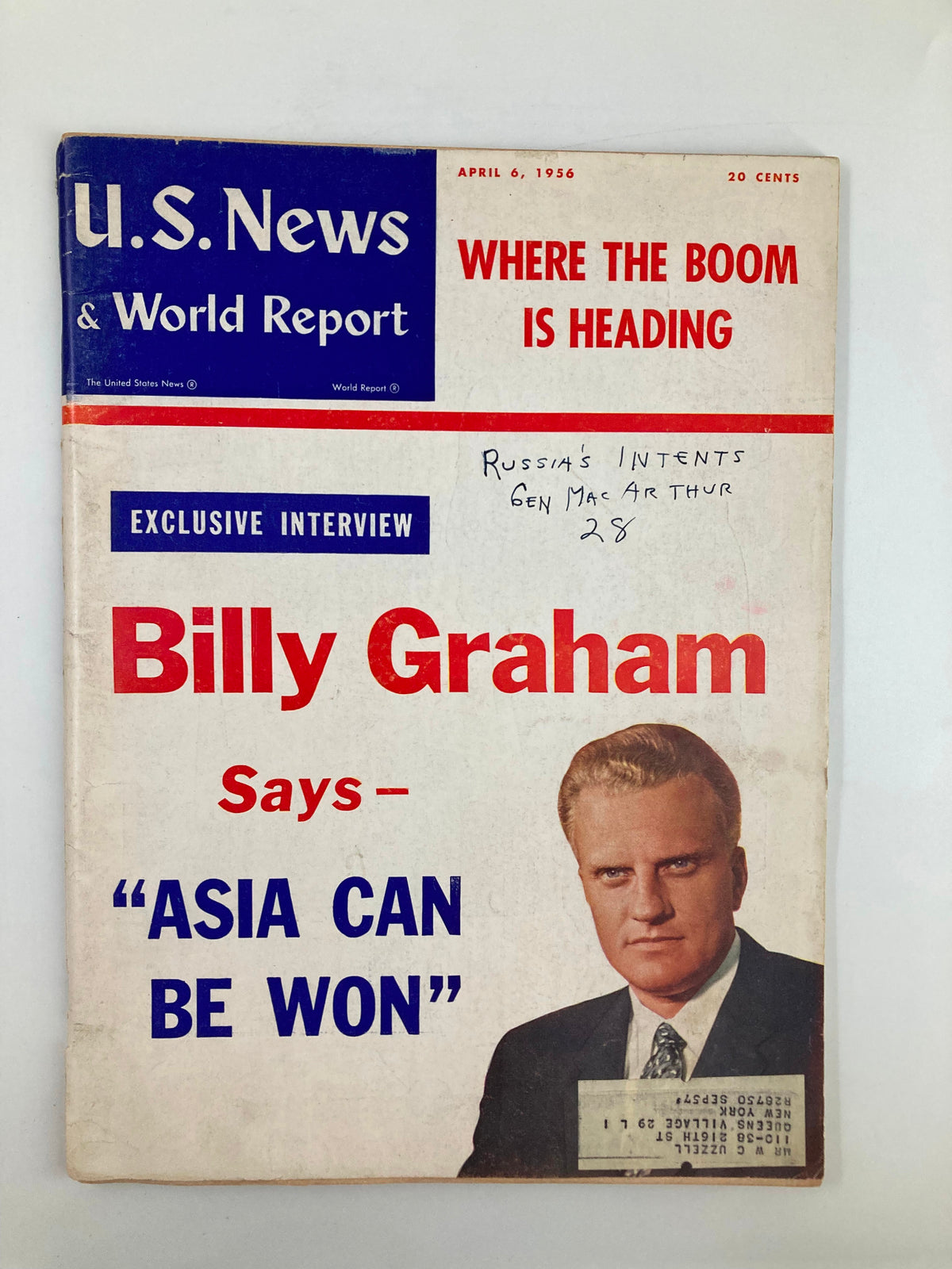 Cover of US News & World Report Magazine dated April 6, 1956 featuring Billy Graham with the headline 'Asia Can Be Won'.