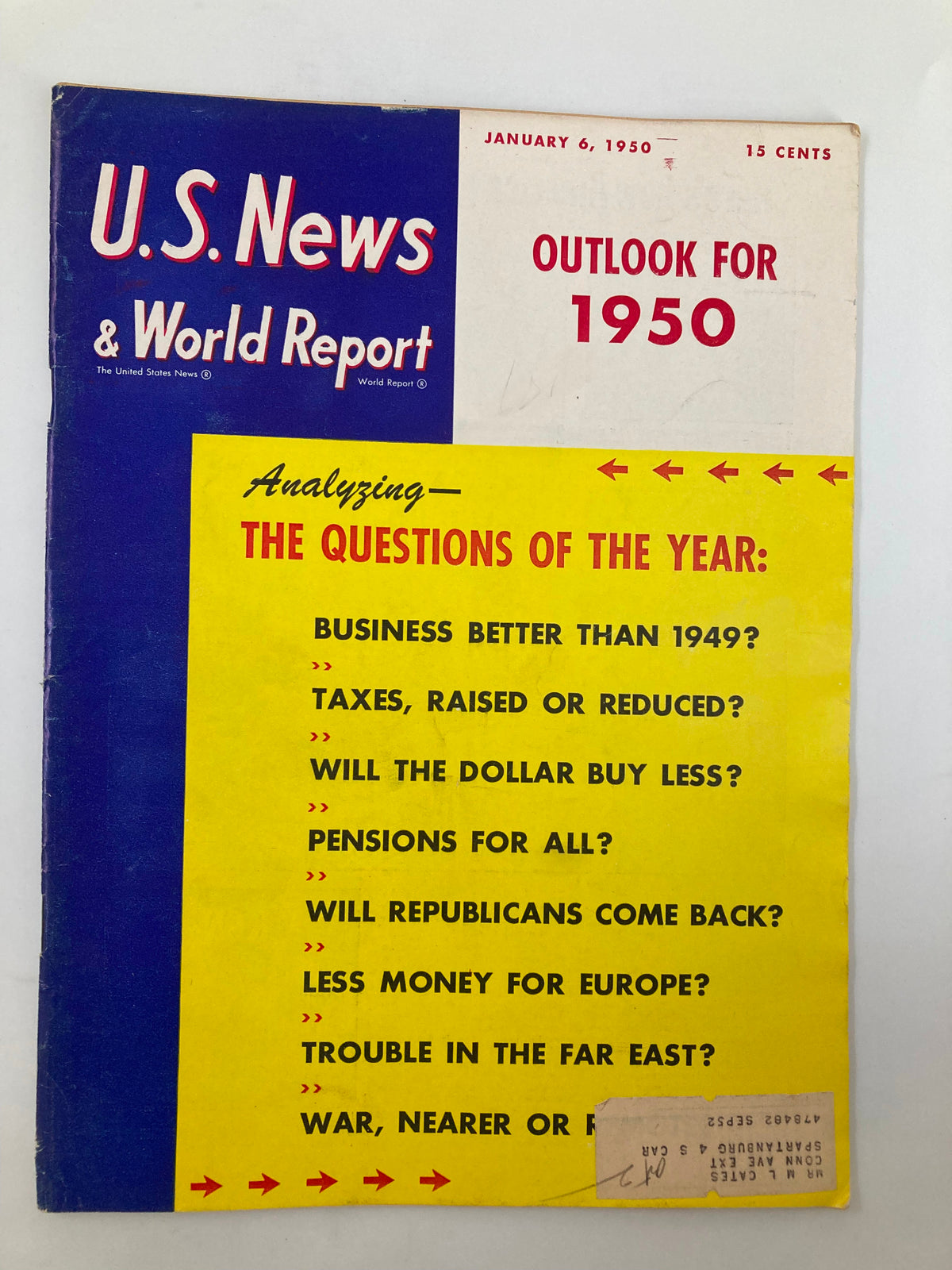 Cover of US News & World Report Magazine from January 6, 1950 featuring the title 'Outlook for 1950' and discussion on taxes, economic issues, and political questions for the year.