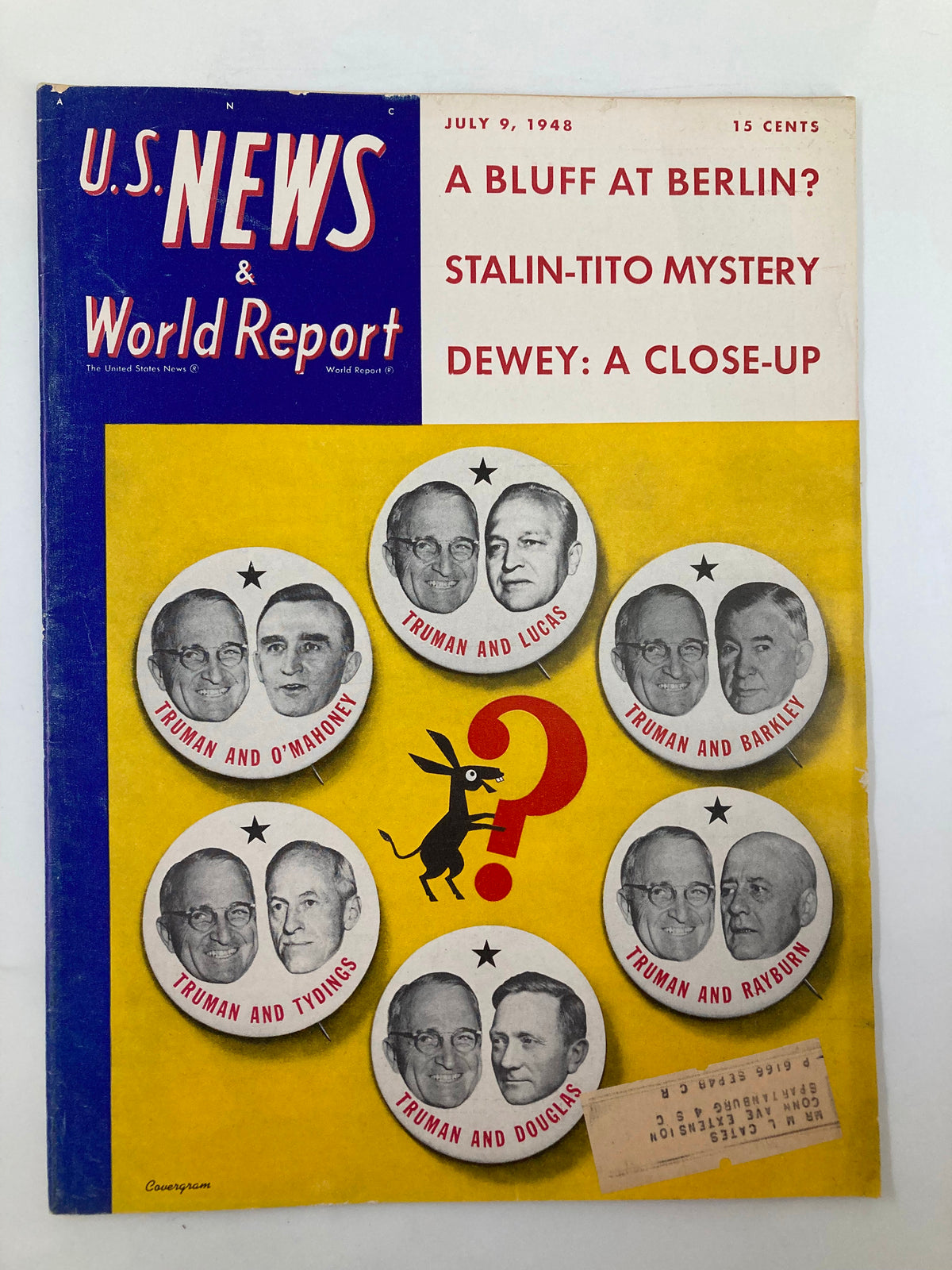 Cover of US News & World Report Magazine dated July 9, 1948, featuring the headline 'Stalin-Tito Mystery' with various political figures displayed in circles, highlighting post-World War II international relations.