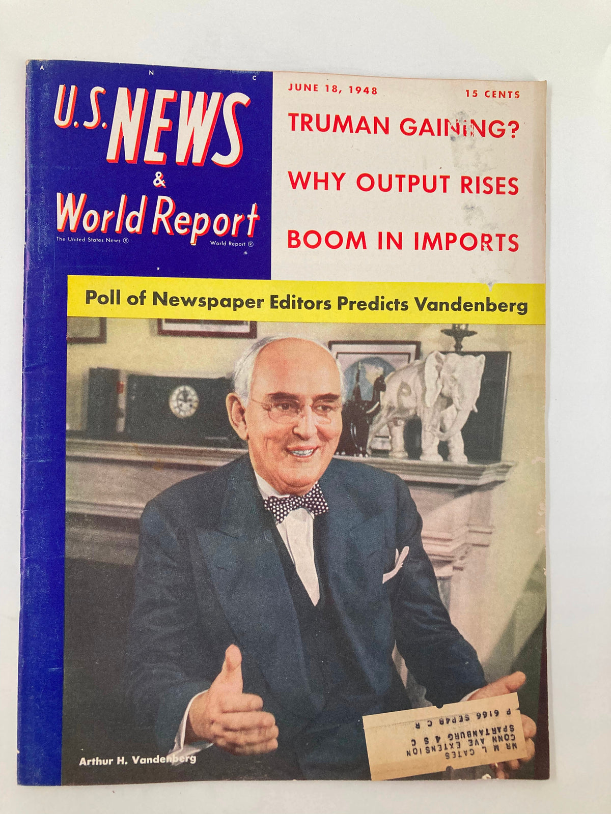 US News & World Report Magazine dated June 18, 1948 featuring a cover story titled 'Poll of Newspaper Editors Predicts Vandenberg' with an image of Arthur H. Vandenberg, reflecting the political landscape of post-World War II America.