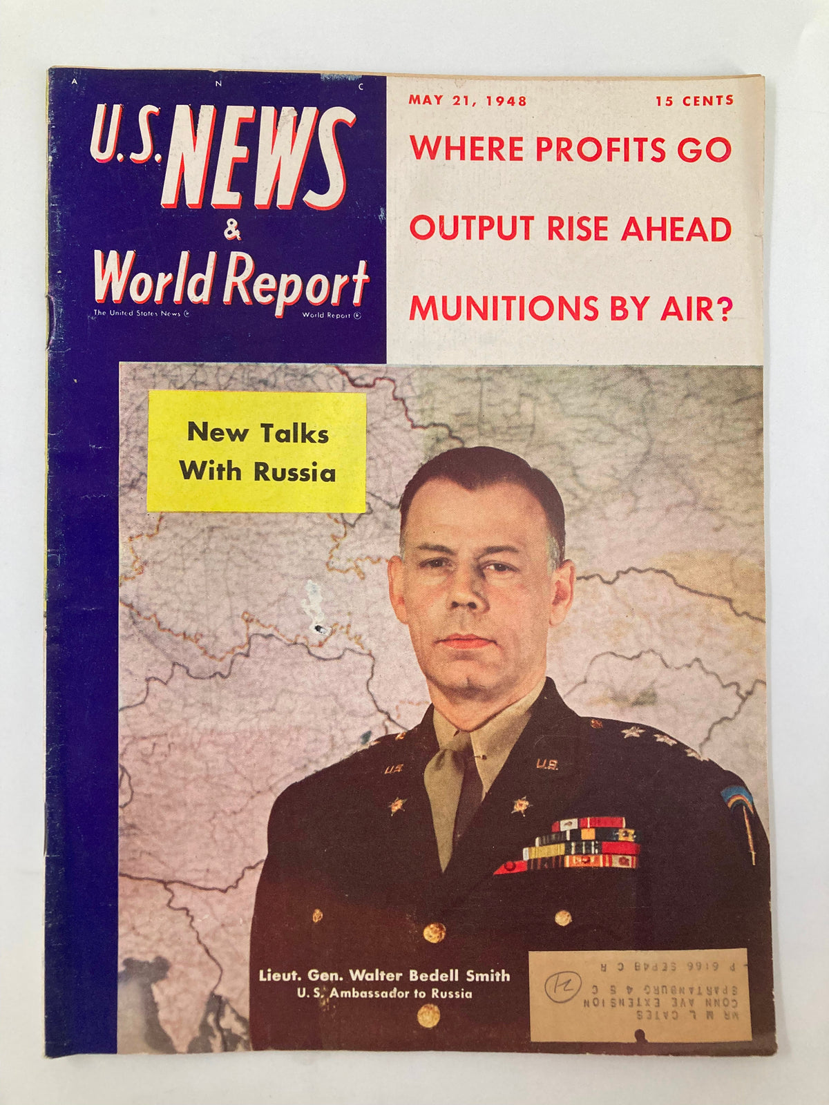 Cover image of US News & World Report Magazine dated May 21, 1948 featuring Lieut. Gen. Walter Bedell Smith, U.S. Ambassador to Russia, with a detailed backdrop map of Russia and headlines discussing profits, output, and munitions.