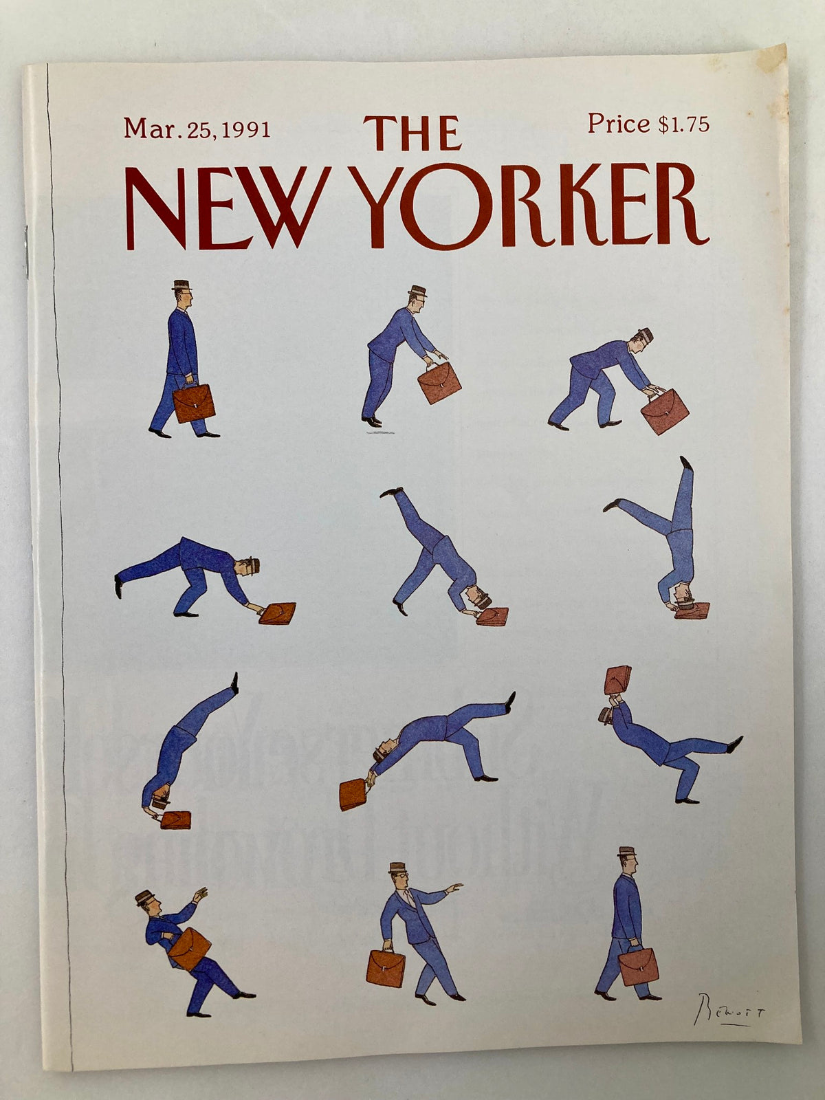 Cover of The New Yorker Full Magazine March 25 1991 featuring the illustration 'Ready for Work' by Benoit, depicting various characters in blue suits with briefcases.