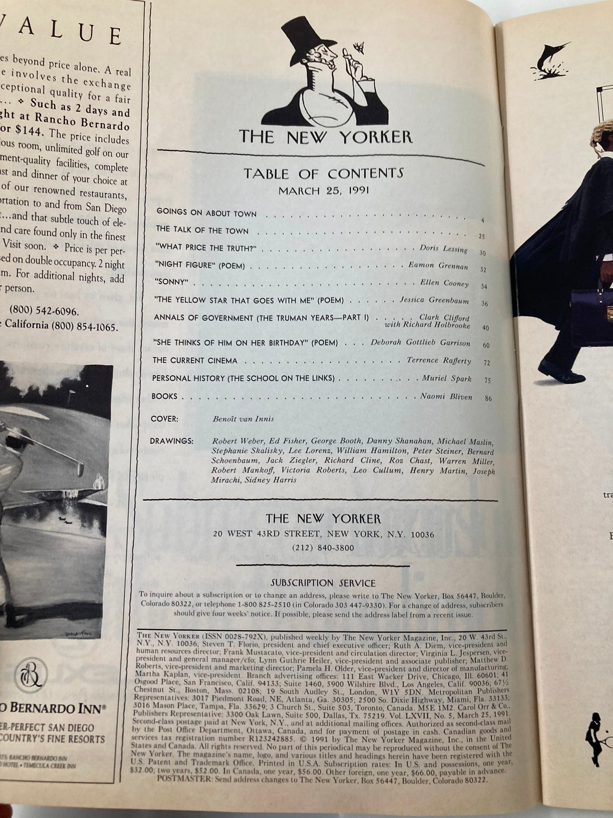 Table of contents from The New Yorker Full Magazine March 25 1991, showcasing featured articles and illustrations, including cover art by Benoit van Innis, and detailed listings of sections like 'Going On About Town' and 'Books'.