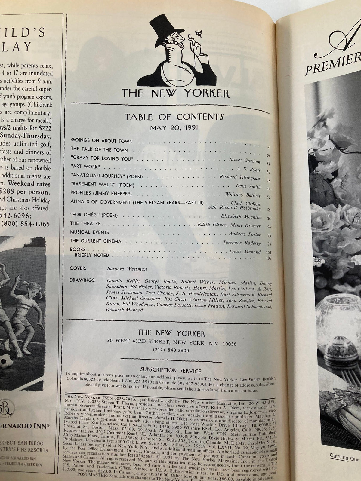 The New Yorker Full Magazine May 20 1991 interior page showing the table of contents with articles including the cover name Barbara Westman, with a classic design format.