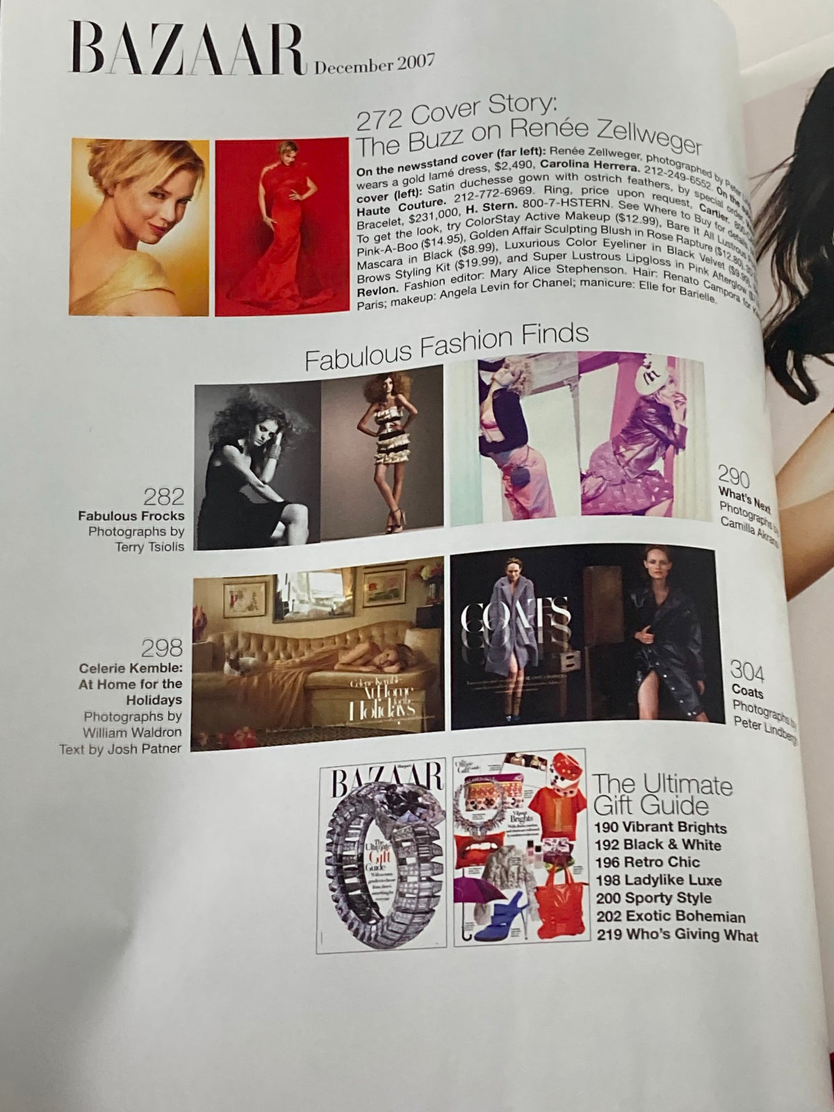 Harper's Bazaar Magazine December 2007 contents featuring 'The Buzz on Renee Zellweger' along with fashion columns and photography highlights.