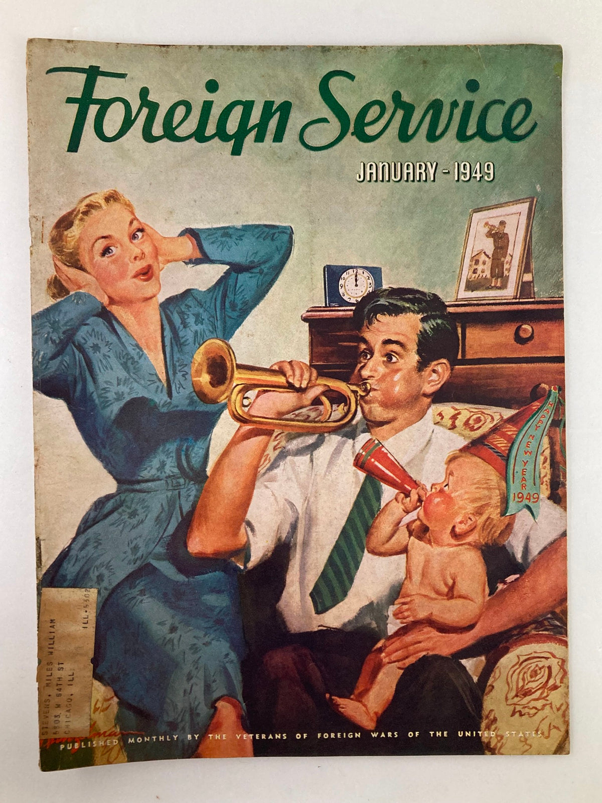 Cover of the VTG Foreign Service Magazine from January 1949, featuring a family scene with a woman holding a trumpet, a man playing a trumpet, and a child in a party hat, embodying the theme 'The Family of Trumpeteers'.