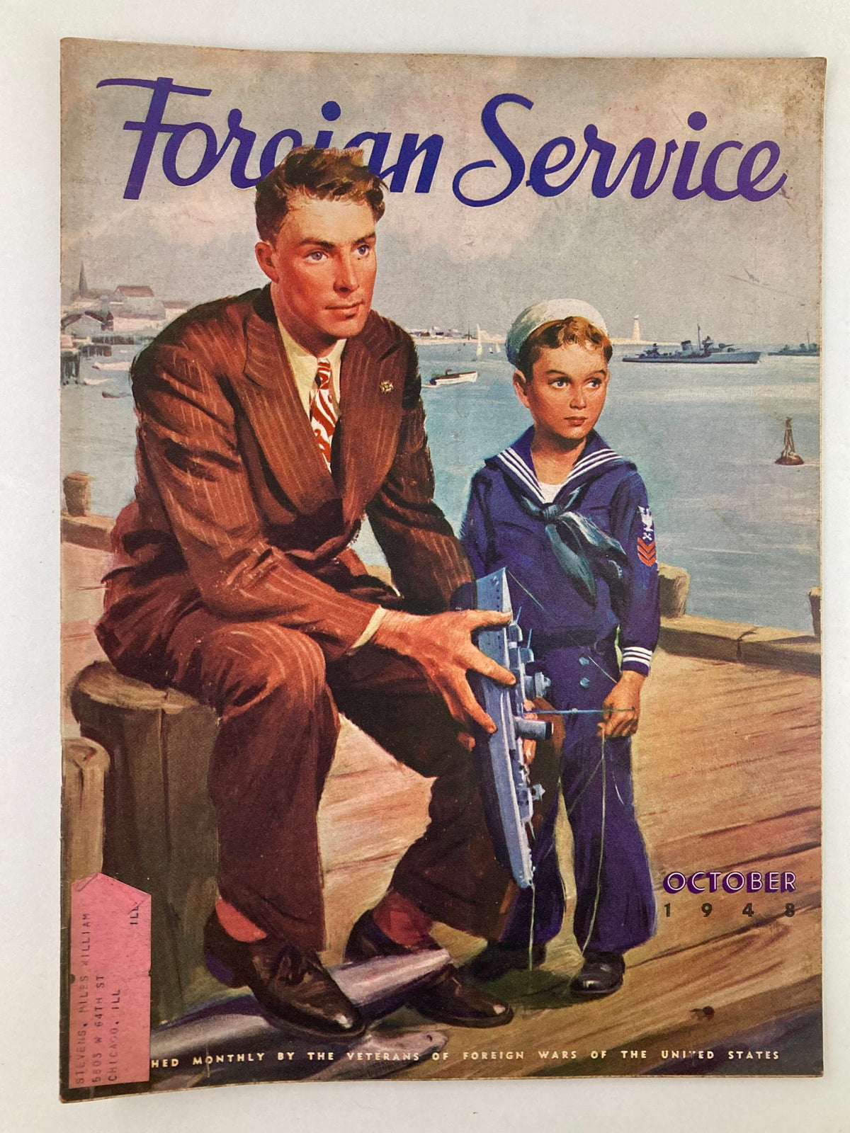 Cover of VTG Foreign Service Magazine October 1948 Vol 36 #2 featuring a man in a suit with a boy in a sailor outfit, highlighting the theme of Navy Day.